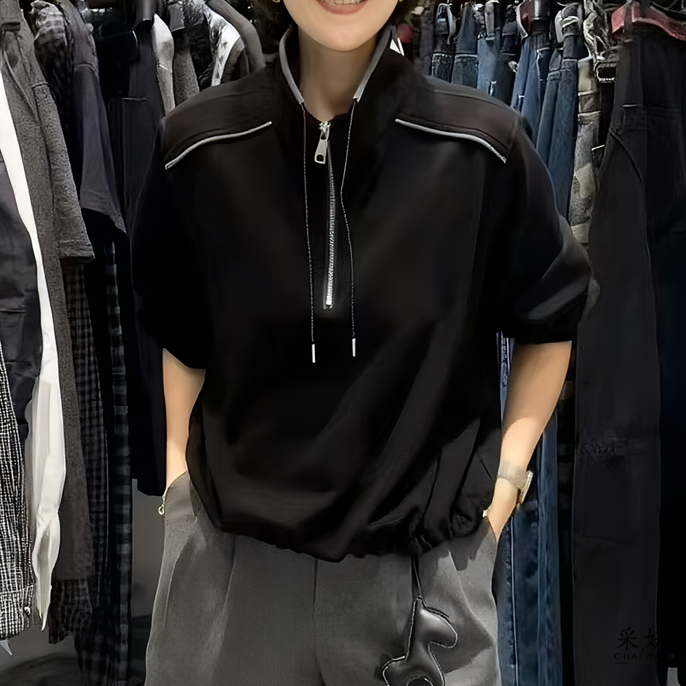 肩線跳色滾邊抽繩拉鍊立領長袖上衣