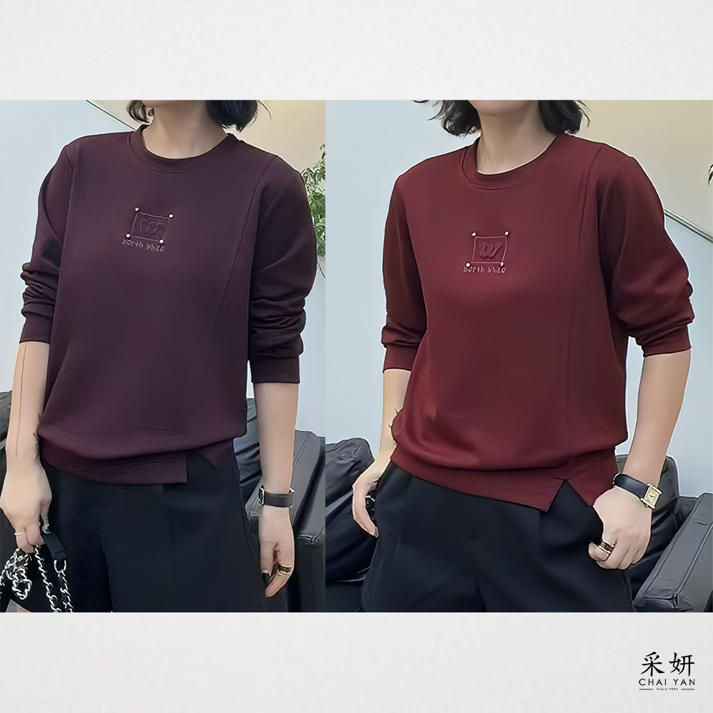 素色字母立體刺繡圓領長袖上衣