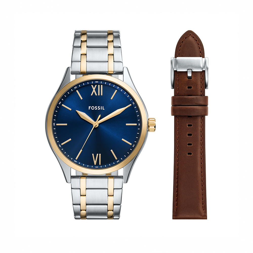 Fenmore 放射藍面手錶錶帶組 金銀色不鏽鋼錶帶 44 MM BQM2786SET