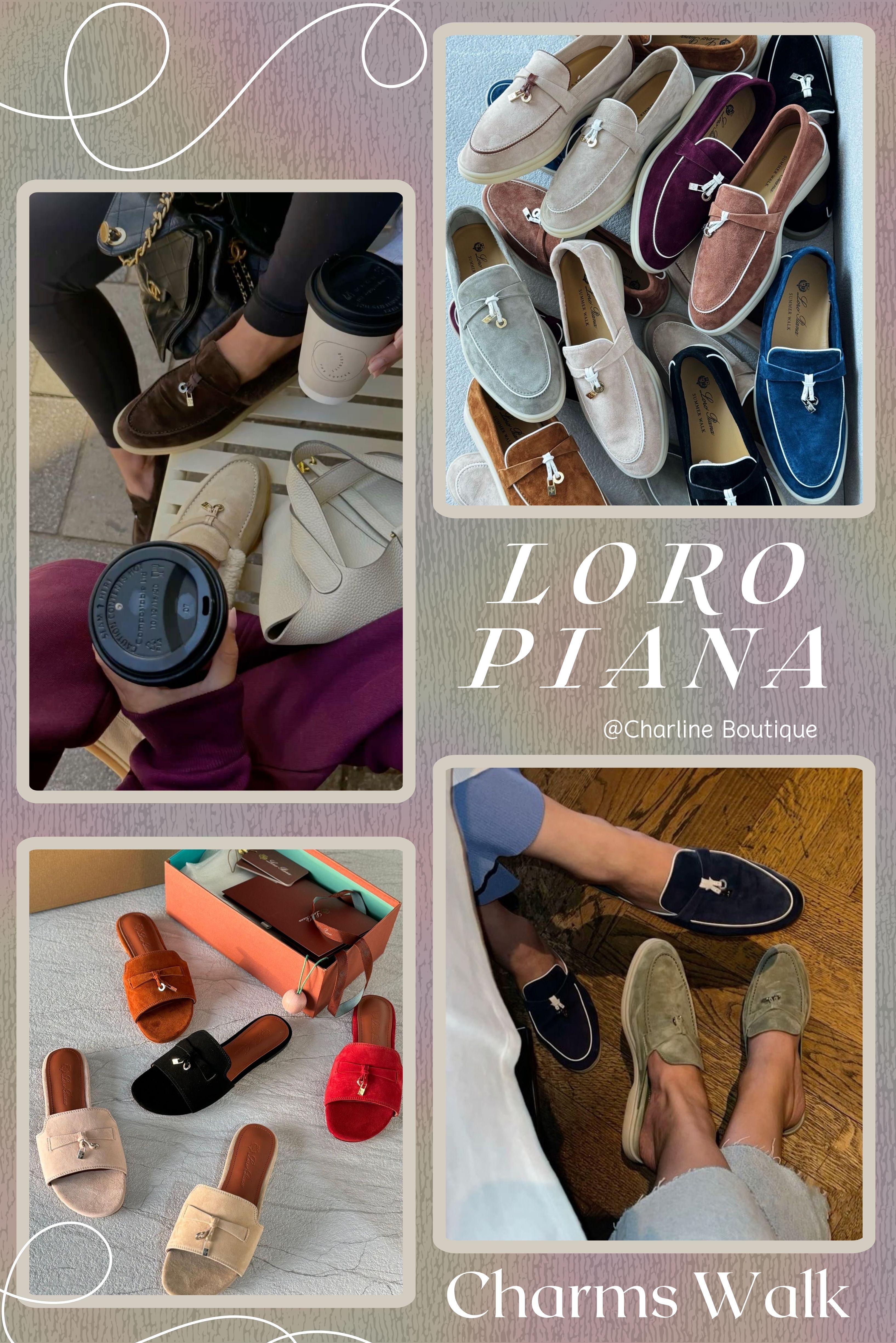 在了解 Loro Piana Charms Walk 系列後，許多讀者也會好奇以下問題，以下整理自 Charline Boutique 的實際代購經驗與市場觀察，希望能幫助您在選購時更有方向：  Q1：怎麼挑選一雙好穿的穆勒鞋？  A：想找一雙能從早穿到晚都不累的穆勒鞋，關鍵在於三點：  材質柔軟（首選麂皮或小羊皮）  鞋底有彈性、好支撐  鞋口包覆感剛好不刮腳  Charline Boutique 整理後的心得是：穆勒鞋的精髓在於「輕鬆穿脫卻不失優雅」。挑鞋時不妨試著走幾步、感受後腳是否自然貼合、鞋面是否會滑。真正好穿的穆勒鞋，會讓您不自覺地想一直穿出門。    Q2：Loro Piana 有什麼好穿的鞋子推薦嗎？  A：Loro Piana 最值得入手、好穿又百搭的鞋款，Charline Boutique 經整理後認為，非 Charms Walk、Summer Walk 與 Open Walk 三大系列莫屬。這三款皆延續品牌「靜奢舒適」的核心精神，採用頂級麂皮與柔軟皮革製成，搭配輕量白色橡膠鞋底，走起來宛如踩在雲朵上般輕盈舒適。  Charms Walk 系列：老錢風代表款 靈感源自航海元素，白底設計不留痕跡、後跟可寫姓名，是「老錢風」穿搭的象徵。細節精緻、個性化設計巧妙，兼具舒適度與百搭性，無論休閒或正式場合都能輕鬆駕馭。  Summer Walk 系列：極簡靜奢代表 外觀更為純粹，去掉鎖頭裝飾、保留流暢線條與柔軟結構。特別受到男性與極簡風女性喜愛，柔軟麂皮與透氣鞋底帶來輕盈腳感，是「低調卻極致奢華」的最佳詮釋。  Open Walk 系列：通勤舒適首選 為長時間行走或旅途設計，包覆性高、支撐力強。深受商務人士與旅行愛好者青睞，穩定的鞋底結構與柔軟材質讓雙腳久走不疲，兼顧實用與優雅。    Q3： 除了 Loro Piana還推薦什麼品牌的樂福鞋？  A：如果你喜歡 Loro Piana 那種「柔軟、極簡、靜奢風」的樂福鞋風格，市場上其實還有不少品牌兼具舒適度、質感與設計亮點。這些品牌在設計理念、工藝細節與穿著體驗上各有特色，以下幾個都非常推薦。  Prada ：Prada 的樂福鞋以俐落的輪廓與三角形 Logo 著稱。簡約卻充滿存在感，尤其亮面皮革版本非常適合通勤或正裝穿搭。  Celine ：Celine 的 Triomphe 金屬鍊帶樂福鞋是品牌經典之一。它結合法式復古與現代搖滾氣息，鞋型修長、辨識度高，是「高級但不浮誇」的典範。  Bottega Veneta ：以極簡結構與乾淨線條聞名。Bottega Veneta 的樂福鞋是「不需 Logo 卻能讓人一眼認出」的代表單品。常見於街拍與極簡穿搭中，特別受歐洲時尚圈青睞。  Gucci ：Gucci 的 Horsebit Loafer 幾乎等同於「樂福鞋代名詞」。柔軟皮革結合標誌性金屬馬銜扣，穿起來舒適、氣場強大，是時尚愛好者衣櫃必備。  TOD’S ：以簡潔設計與手工縫線著稱。TOD’S 的樂福鞋特別強調鞋底結構與腳感柔軟，豆豆底系列兼具防滑與彈性，是長時間通勤或旅遊的完美夥伴。  Hermès ：Hermès 的樂福鞋常以「H」金屬扣或放大版 Kelly 扣作為細節，整體風格悠閒又優雅，低調卻非常有氣場，是收藏級單品。  Roger Vivier ：以標誌性方形扣與水鑽裝飾聞名。Roger Vivier 的樂福鞋雖偏華麗，但腳感柔軟、氣質突出，非常適合希望在靜奢中增添一點亮點的消費者。  Charline Boutique 的經驗是：樂福鞋不僅是經典鞋型，更是一種生活態度。挑選時以「舒適、材質、楦頭穩定度」為首要考量，無論預算多少，都能找到屬於您的靜奢風日常鞋。    Q4：穆勒鞋跟樂福鞋有什麼不同？  A：穆勒鞋（Mules）與樂福鞋（Loafers）都是時尚圈裡非常經典的平底鞋款，兩者皆以「舒適、好穿脫」著稱，但在鞋型設計、穿著方式與風格呈現上，卻有明顯不同。穆勒鞋和樂福鞋的主要差異在於鞋跟的設計和穿著方式。穆勒鞋是後跟露空、一體成型的拖鞋款式，通常不穿襪子；而樂福鞋（Loafers）是低幫、無鞋帶的便鞋，設計上通常包含鞋跟（可高可低），並且可以選擇穿襪子。Charline Boutique表示兩者都非常好穿也很受歡迎，只要根據季節、場合與穿搭風格挑選，就能輕鬆穿出專屬於您的靜奢質感。    Q5： Loro Piana 鞋款的尺寸建議怎麼選？  A：Charline Boutique 的經驗分享是：Loro Piana 鞋款的版型整體屬正常範圍，但不同系列因材質與設計略有差異。建議以平常穿著的尺寸為參考，並在試穿時實際走動，感受前掌空間、腳背貼合度與整體舒適感。由於品牌多採用柔軟天然皮革，鞋子會隨著穿著逐漸順腳，呈現更貼合的腳感，因此選擇時可以「合腳且行走時穩定舒適」為原則。    Q6： Loro Piana 除了鞋子還有什麼必買單品？  A：依據 Charline Boutique 的多年市場觀察，Loro Piana 不僅鞋款表現亮眼，其針織衫、包款與圍巾同樣是靜奢風愛好者心中的經典收藏。品牌以柔軟羊絨針織衫聞名，而包款中最受歡迎的包括 Sesia 手袋、Extra Pocket 手袋 以及近年話題度極高的 Balea 包，皆以極簡線條、柔軟皮革與完美比例展現低調奢華。再搭配喀什米爾圍巾、絲巾與皮革手套等配件，更能體現品牌溫潤、優雅又實穿的特質，完美詮釋 Loro Piana 一貫的「靜奢舒適」生活態度。    Q7：Loro Piana 的鞋子適合男生嗎？  A：根據 Charline Boutique 的觀察與顧客回饋，Loro Piana 的鞋款非常適合男性穿著。品牌以簡約設計與高品質皮革著稱，許多男士系列如 Open Walk、Summer Walk、以及 Week-End Walk 運動鞋，都兼具舒適度與品味。這些鞋款以柔軟麂皮、輕量白底與極佳的支撐性聞名，能在正式與休閒場合之間自由切換。對於重視低調質感、追求舒適腳感的男士來說，Loro Piana 鞋子可說是「靜奢風」與「實穿機能」的完美結合。    Q8： 除了Loro Piana還推薦什麼精品男鞋？  A：除了Loro Piana，以下幾款也是非常受歡迎的男鞋品牌。   Prada: 樂福鞋款式非常受歡迎，提供多種設計，從雕花到流蘇都極具吸引力。  Hermès: 以其標誌性的Kelly釦為特色，出現在各種鞋款上，增添畫龍點睛的效果。  Gucci: 經典的Princetown系列樂福鞋是一大亮點，而馬銜扣的設計也極具辨識度。  Bottega Veneta: 以其標誌性的編織設計聞名，Hailey Bieber也是其愛用者。  Celine: 結合了復古的法式風格，其樂福鞋款也備受關注。  Loewe: 結合了瑪麗珍與樂福鞋的設計，材質精緻，工藝細膩。  Ferragamo: 擅長利用漆皮等材質，營造出具有50年代復古風格的設計。  TOD'S: 以簡潔低調的設計和精緻的義大利傳統工藝著稱。    Q9： Loro Piana 和 Hermès 比起來哪個更推薦？  A：Loro Piana 和 Hermès 的推薦取決於個人偏好，Loro Piana 更適合追求低調奢華、注重面料舒適度和極致工藝的消費者，而Hermès 則更適合追求高調象徵、重視包款保值性（尤其Birkin和Kelly）以及經典品牌標誌的消費者。Loro Piana 以頂級羊絨聞名，風格低調內斂，而 Hermès 則以標誌性的包款和卓越的皮革工藝聞名，並有很高的保值與增值空間。 Charline Boutique 的觀點是：Loro Piana 代表「穿得舒服又不顯張揚」；Hermès 則象徵「低調中藏著氣場」。選哪個，不在價值高低，而在於您想展現的是哪一種靜奢態度    Q10：還有哪些類似 Loro Piana 的品牌？  A：如果您喜歡 Loro Piana 那種「低調奢華、重質不重標誌」的風格，Charline Boutique覺得以下這些品牌都非常值得關注。  Brunello Cucinelli：義大利頂級針織品牌，被稱為「現代哲學家的時裝屋」。一樣專注羊絨與天然色系，但風格更人文、剪裁略鬆、氣氛更溫柔。  The Row：由 Mary-Kate 與 Ashley Olsen 雙胞胎設計的美國品牌。與 Loro Piana 相比，它更偏紐約風，輪廓俐落乾淨、線條簡單卻極具質感。  Hermès：Hermès 與 Loro Piana 同樣重視手工與材質本質。兩者皆屬「老錢風」核心品牌，呈現「內斂的權威」。  Bottega Veneta：雖然以編織包聞名，但在無Logo極簡風格上，與 Loro Piana 有相似理念。  Max Mara：義大利女裝品牌，擅長經典駝色與羊絨大衣。Max Mara 比 Loro Piana 價格親民一些，但在布料與剪裁上同樣有出色質感，是靜奢新手入門首選。  Jil Sander：德國極簡品牌，風格更理性、幾何。