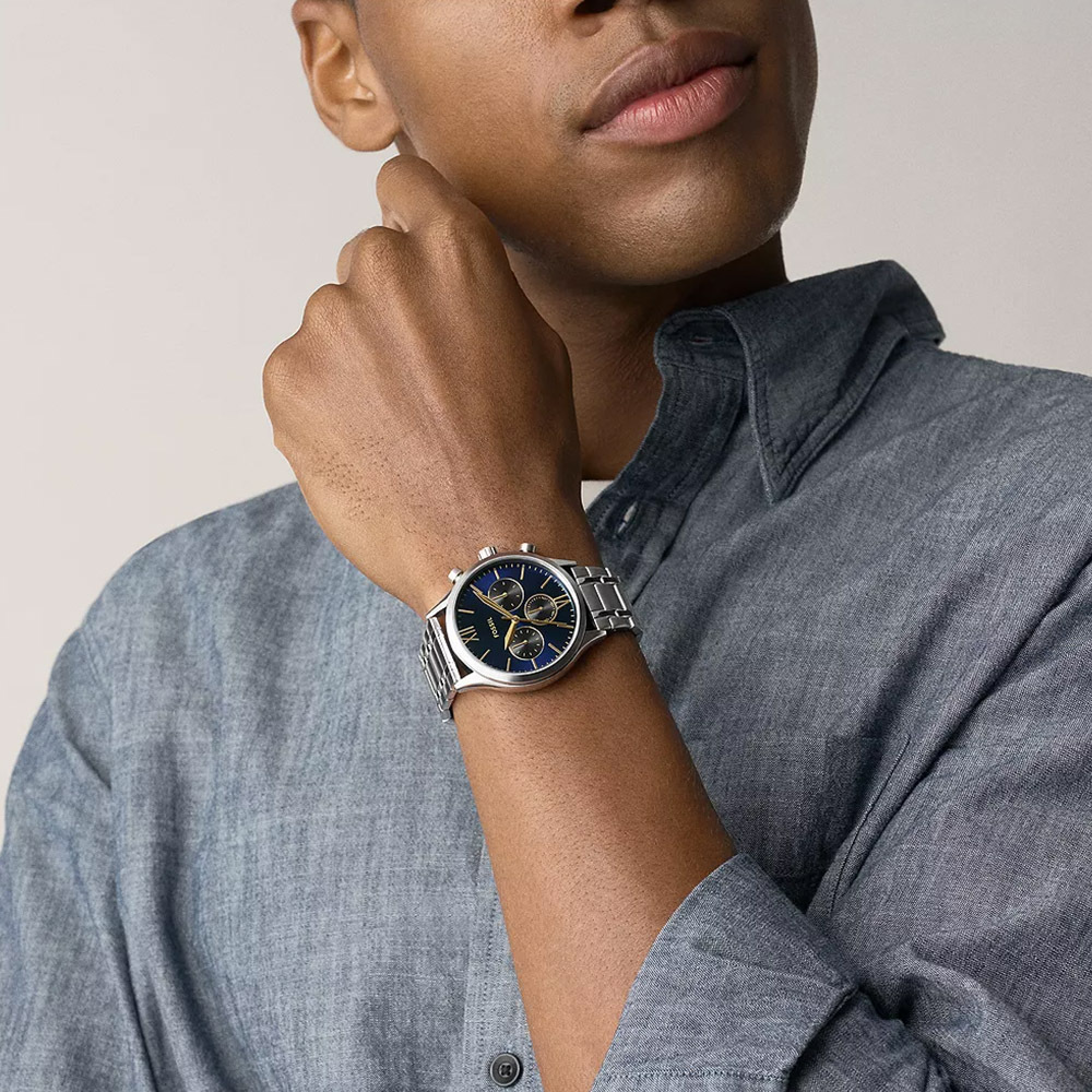 Fenmore 簡潔放射盤三眼手錶 銀色不鏽鋼錶帶 44 MM BQM7102