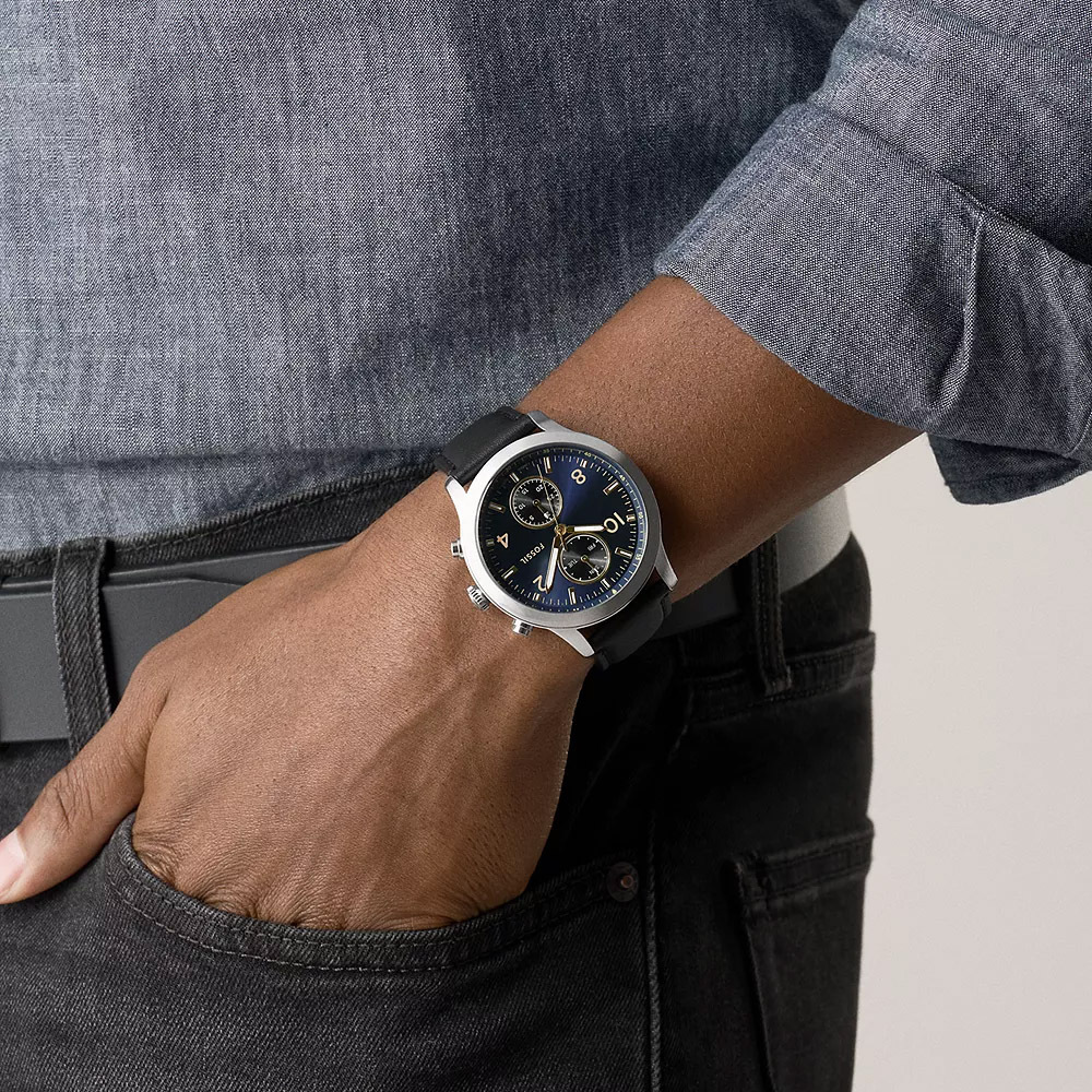 Bennett 藍面多功能手錶 黑色真皮錶帶 45 MM BQM7104