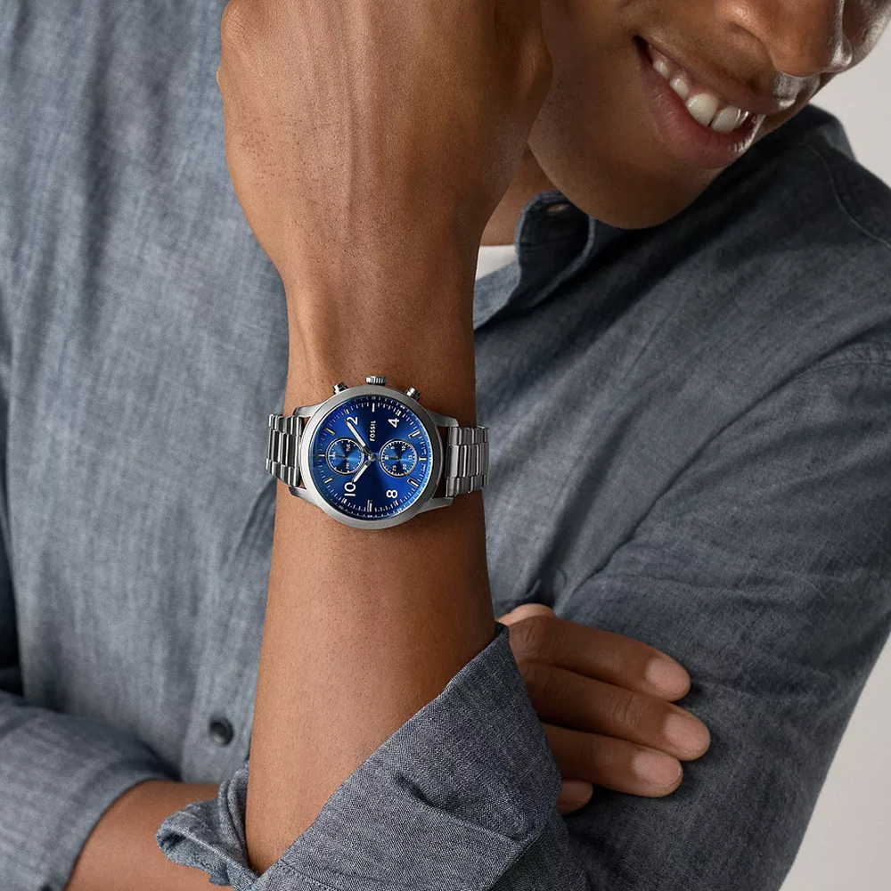 Bennett 深藍放射紋多功能手錶 深灰色不鏽鋼錶帶 45 MM BQM7107