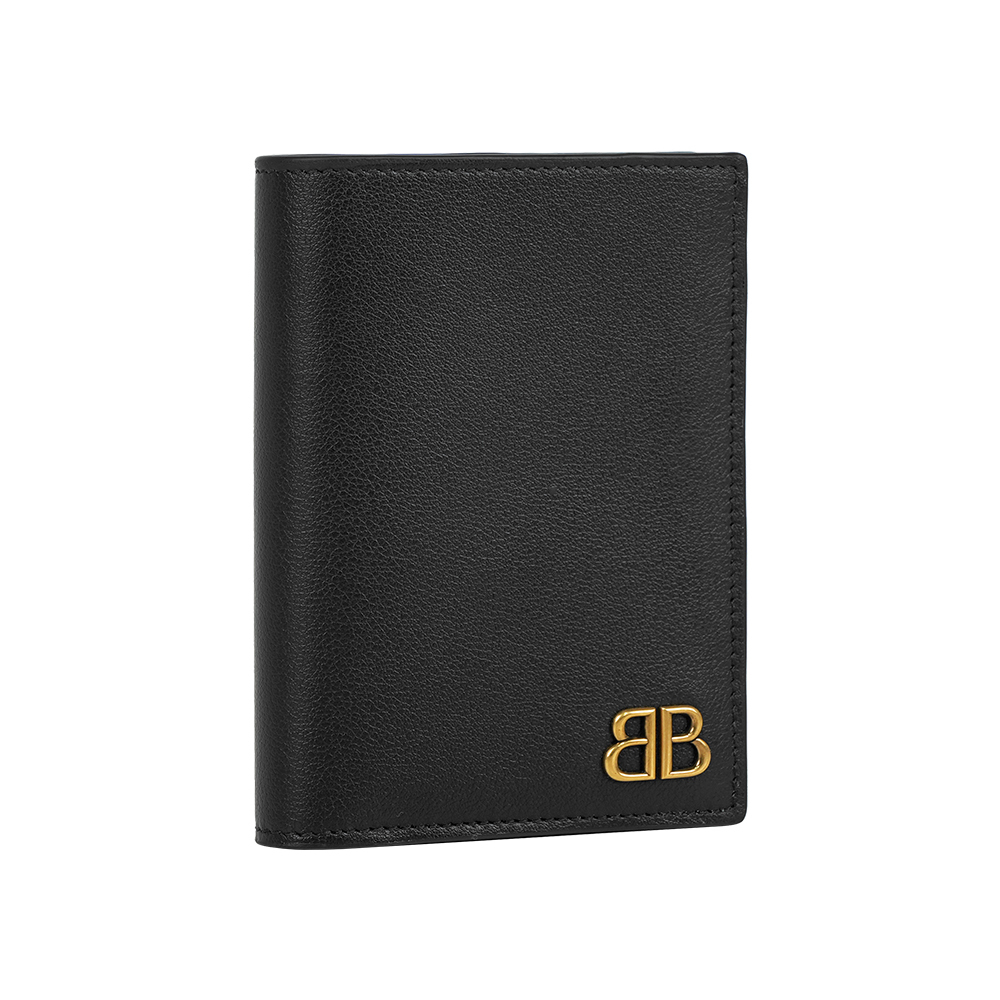 【Balenciaga】Monaco BB Logo 金字小牛皮迷你直式對開短夾(黑色)