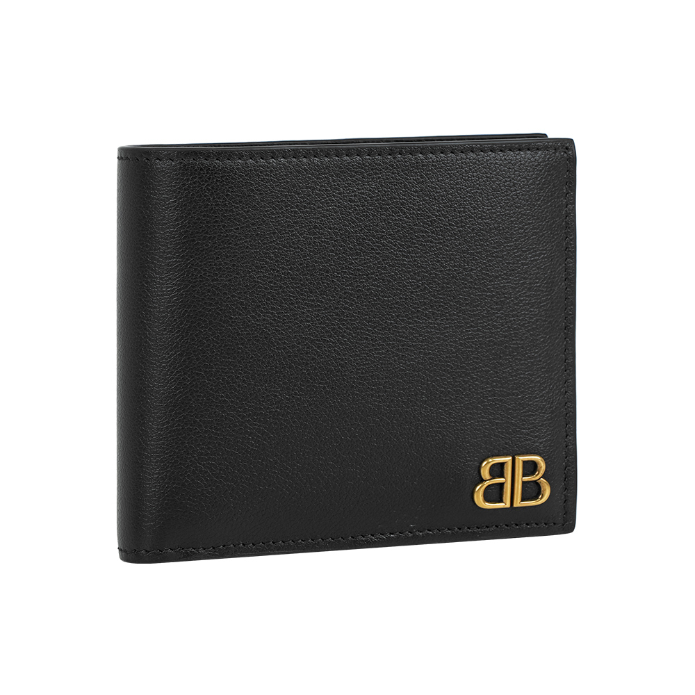 【Balenciaga】Monaco BB Logo 金字小牛皮8卡對開短夾(黑色)