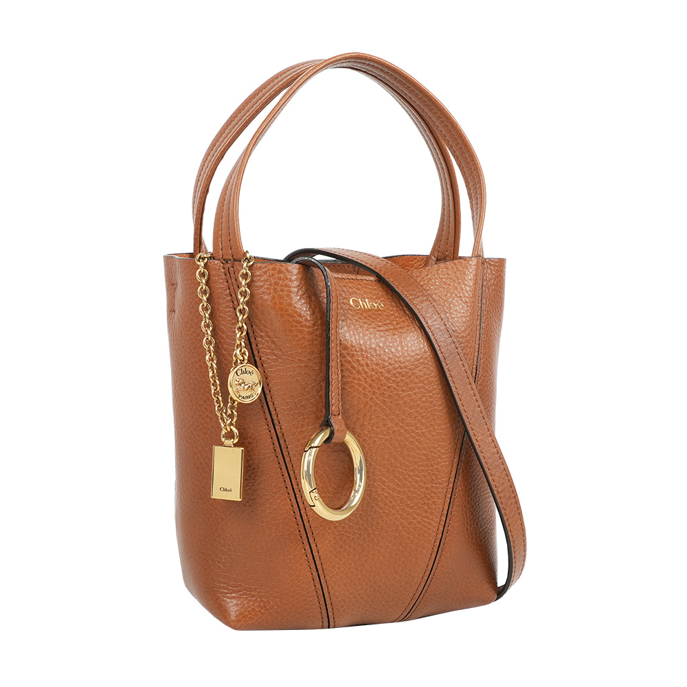 【Chloé】Spin 吊墜設計牛皮手提/斜背小款二用托特包(黏土棕)