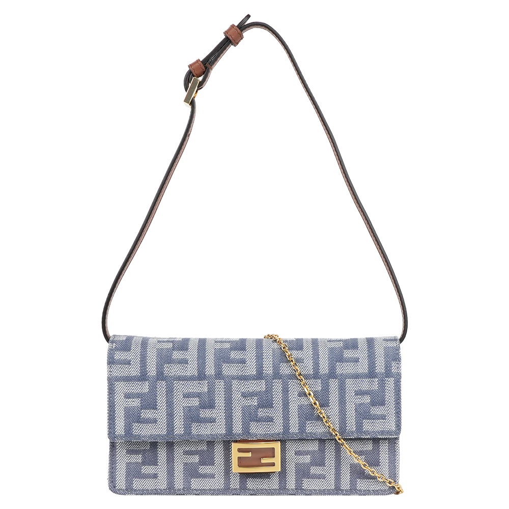【Fendi】Baguette FF Logo 牛仔緹花二用皮夾式鍊包/WOC(藍色)