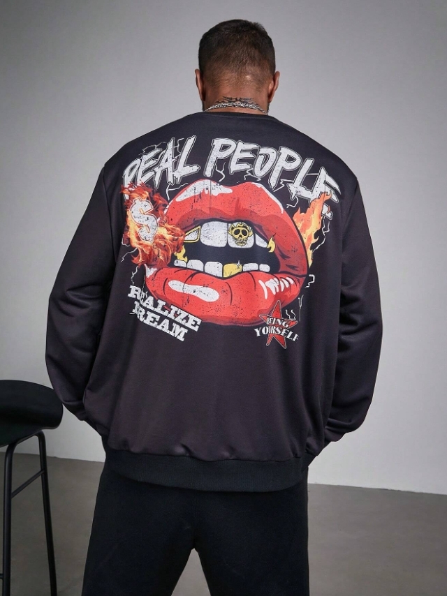 KADMAX大尺碼-秋冬長袖潮流唇印印花大學TEE〈KSMS2621〉