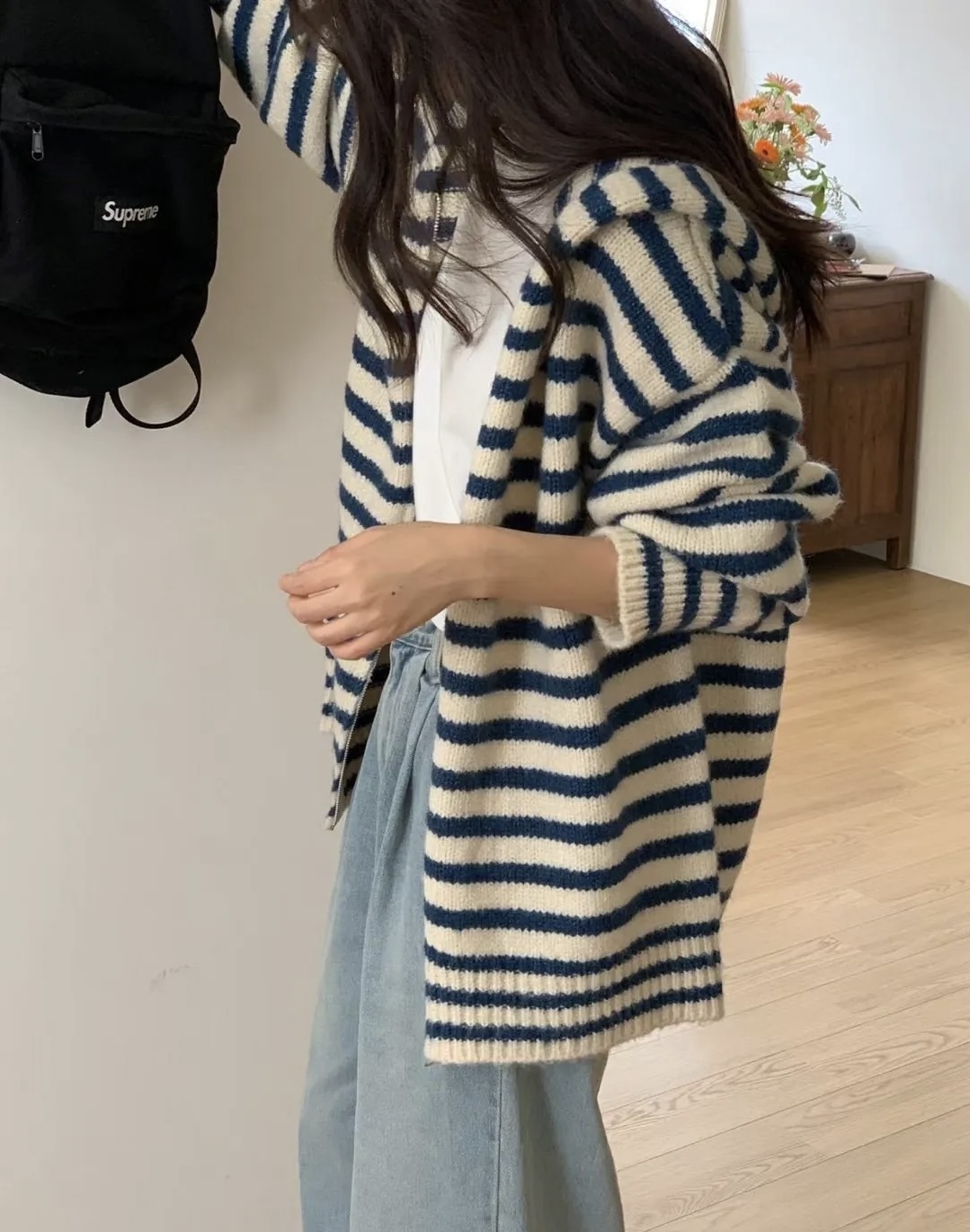 boy friend wool stripe zip up