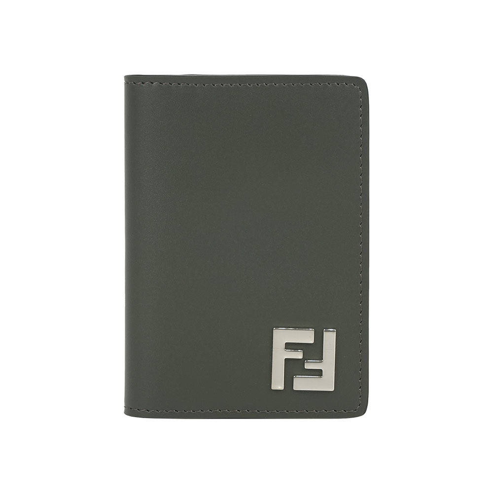 【Fendi】FF Logo 小牛皮及塗層帆布二折卡片夾/名片夾(軍綠色)