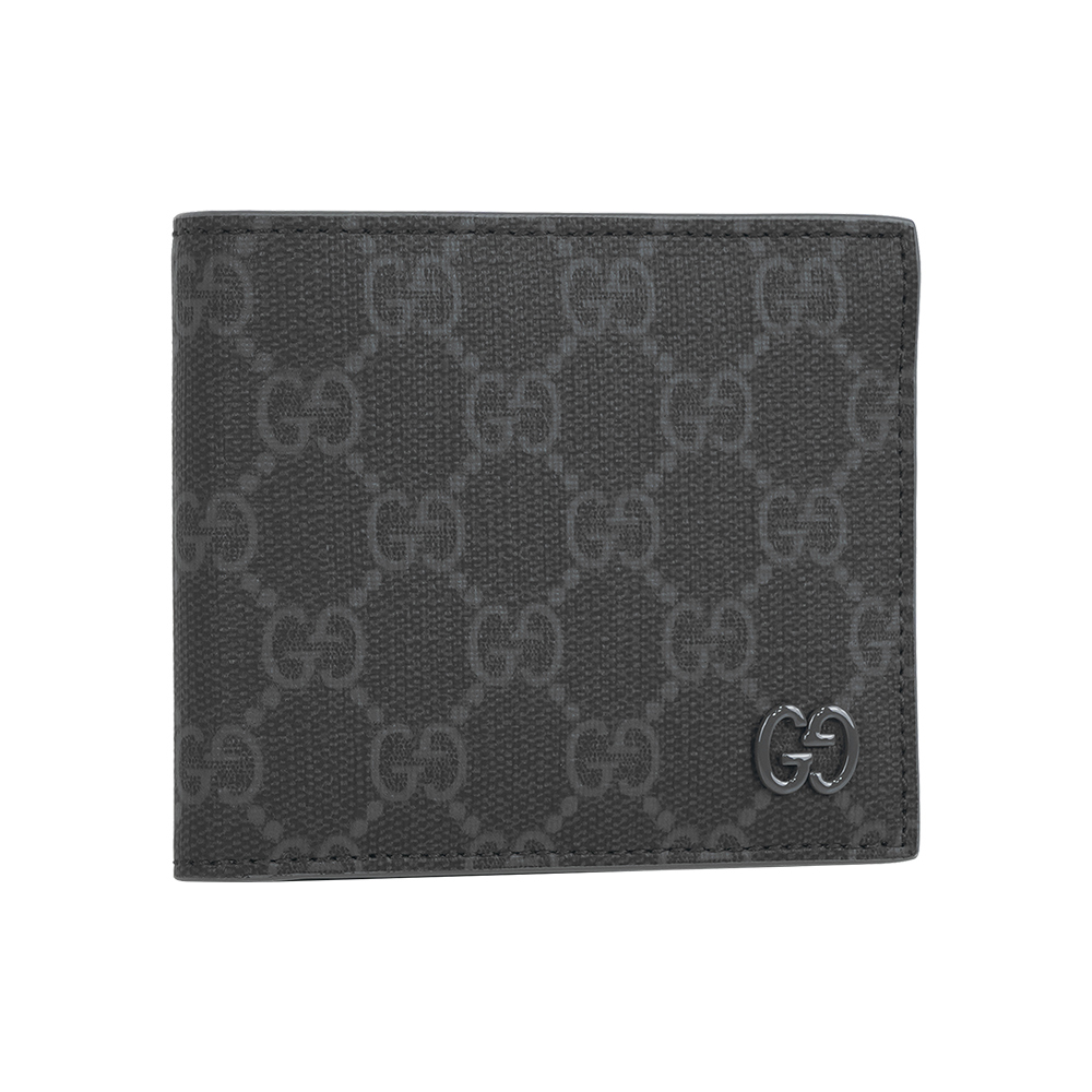 【GUCCI】灰色GG Logo 塗層帆布對開8卡短夾(黑色/灰色)