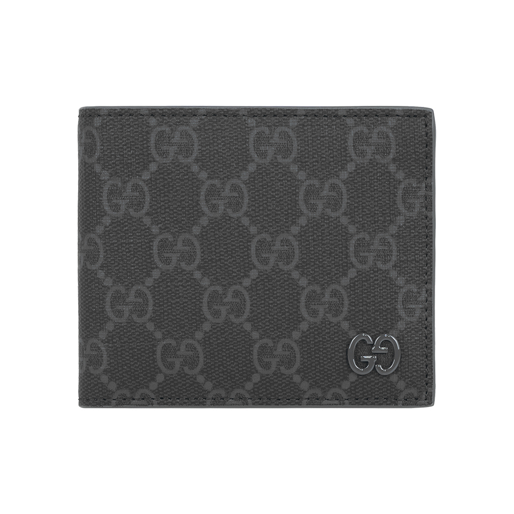 【GUCCI】灰色GG Logo 塗層帆布對開8卡短夾(黑色/灰色)