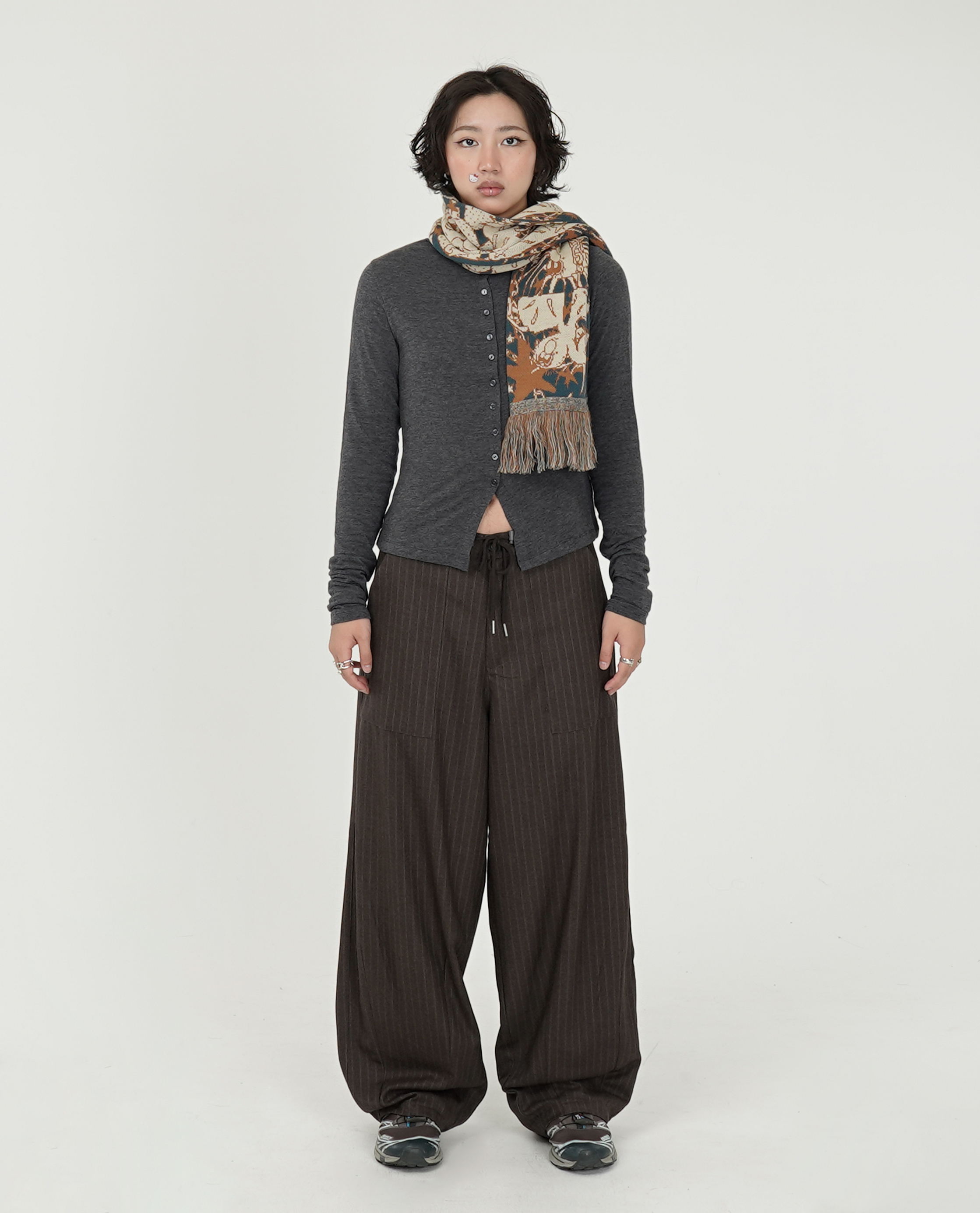 可調腰綁繩直條紋薄毛呢西裝褲