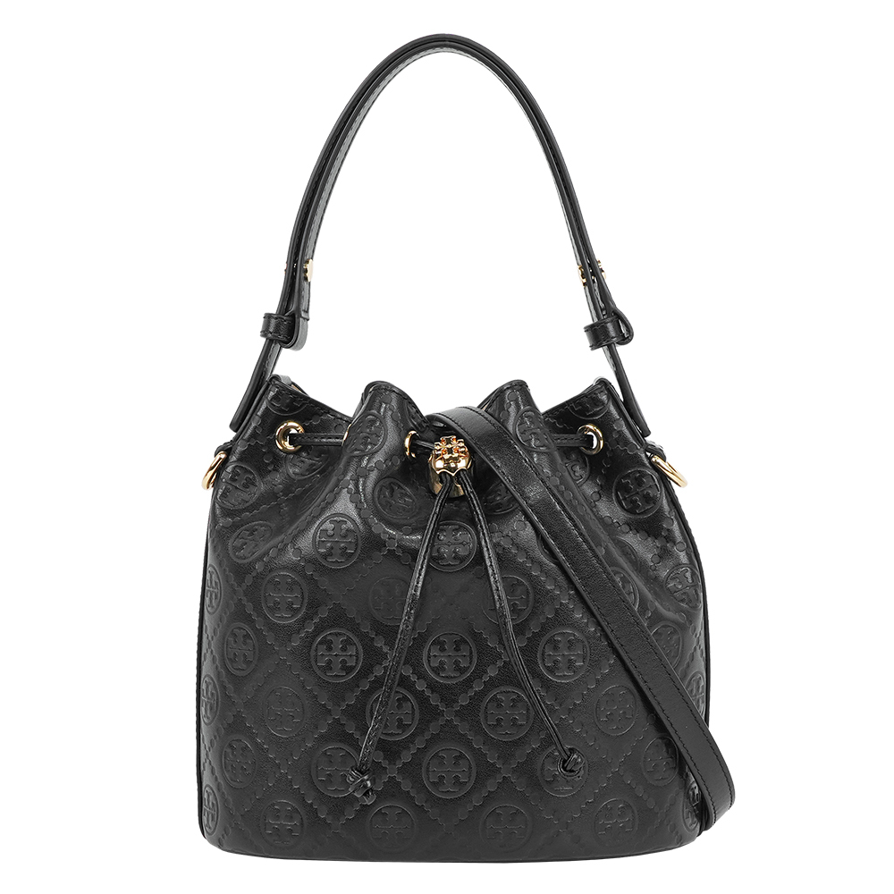 【Tory Burch】T Monogram 皮革壓紋水桶包(黑色)
