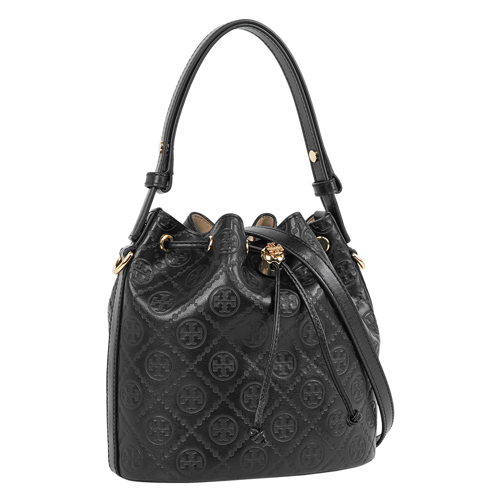 【Tory Burch】T Monogram 皮革壓紋水桶包(黑色)