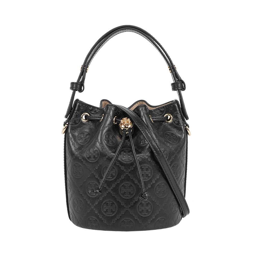 【Tory Burch】T Monogram 皮革壓紋迷你水桶包(黑色)