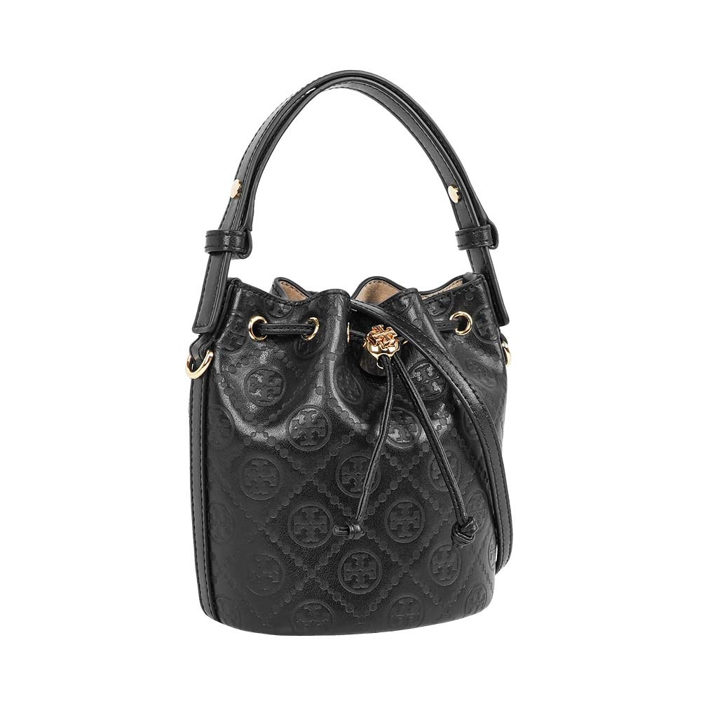 【Tory Burch】T Monogram 皮革壓紋迷你水桶包(黑色)