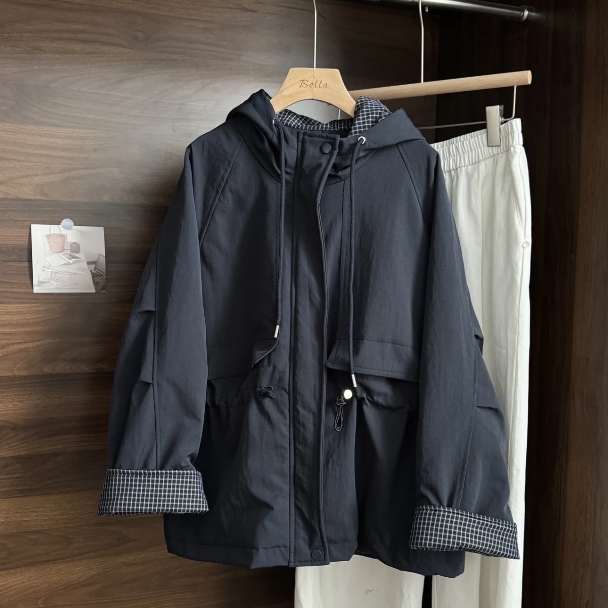 連帽拉鏈棉褸 （格仔䄂）