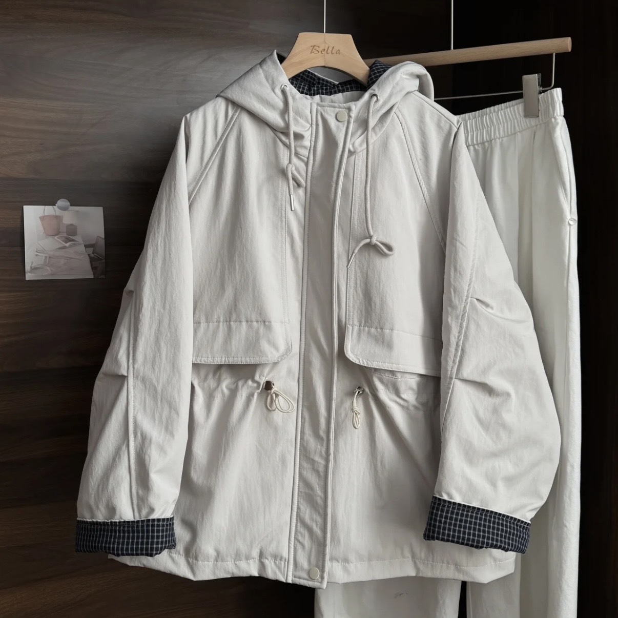 連帽拉鏈棉褸 （格仔䄂）