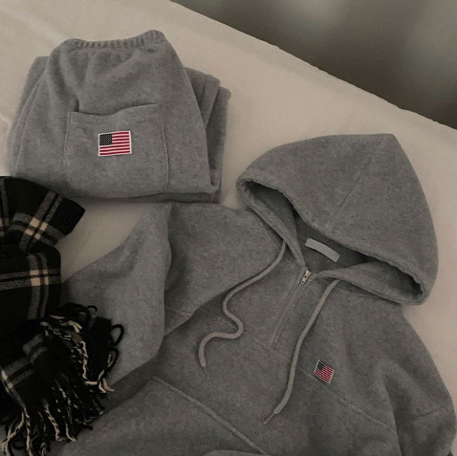 秋冬預訂｜(套裝可選)抓絨Maxim 星條旗連帽半拉鍊HOODIE