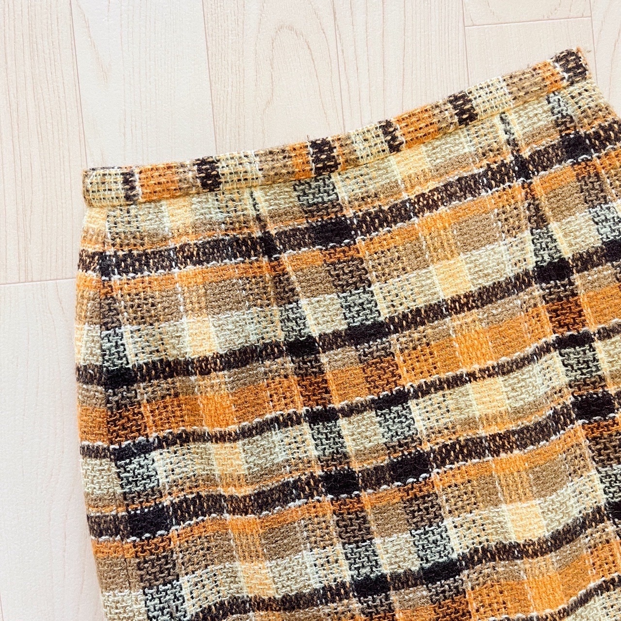 夕陽橙色格紋羊毛半裙