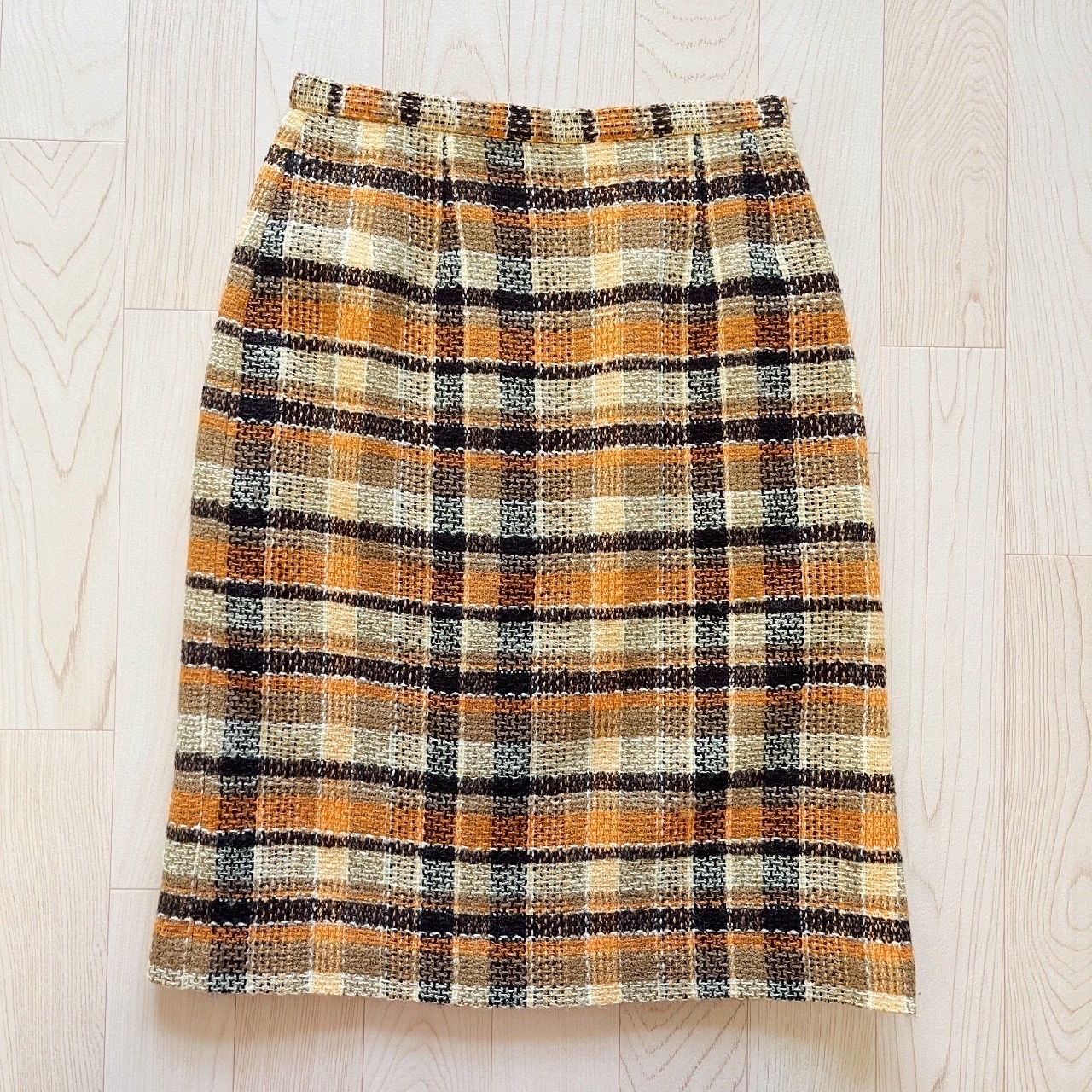 夕陽橙色格紋羊毛半裙