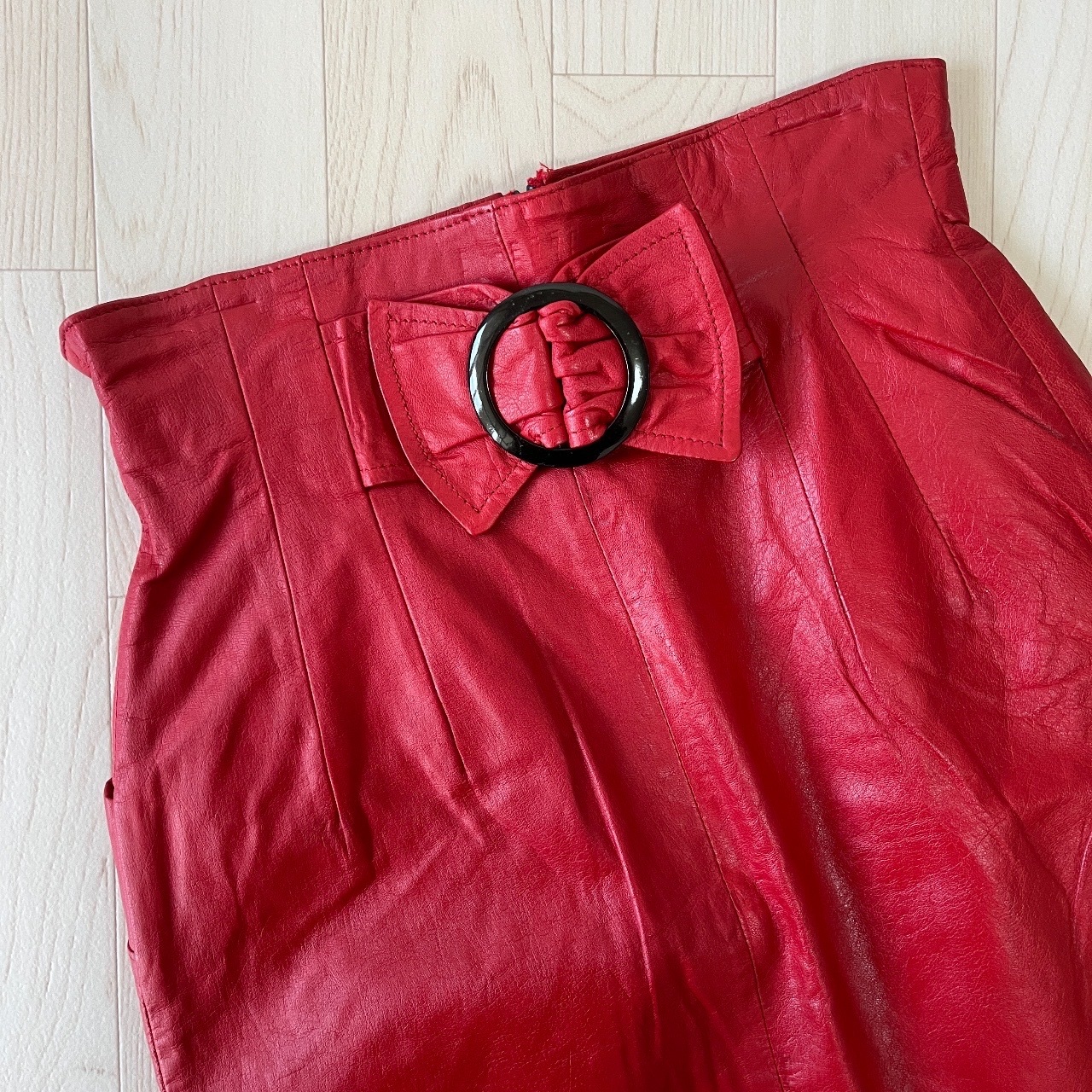 豔紅色假腰帶牛皮半裙