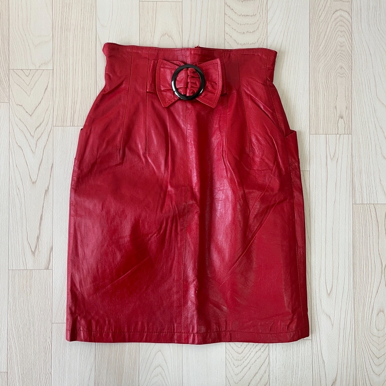 豔紅色假腰帶牛皮半裙