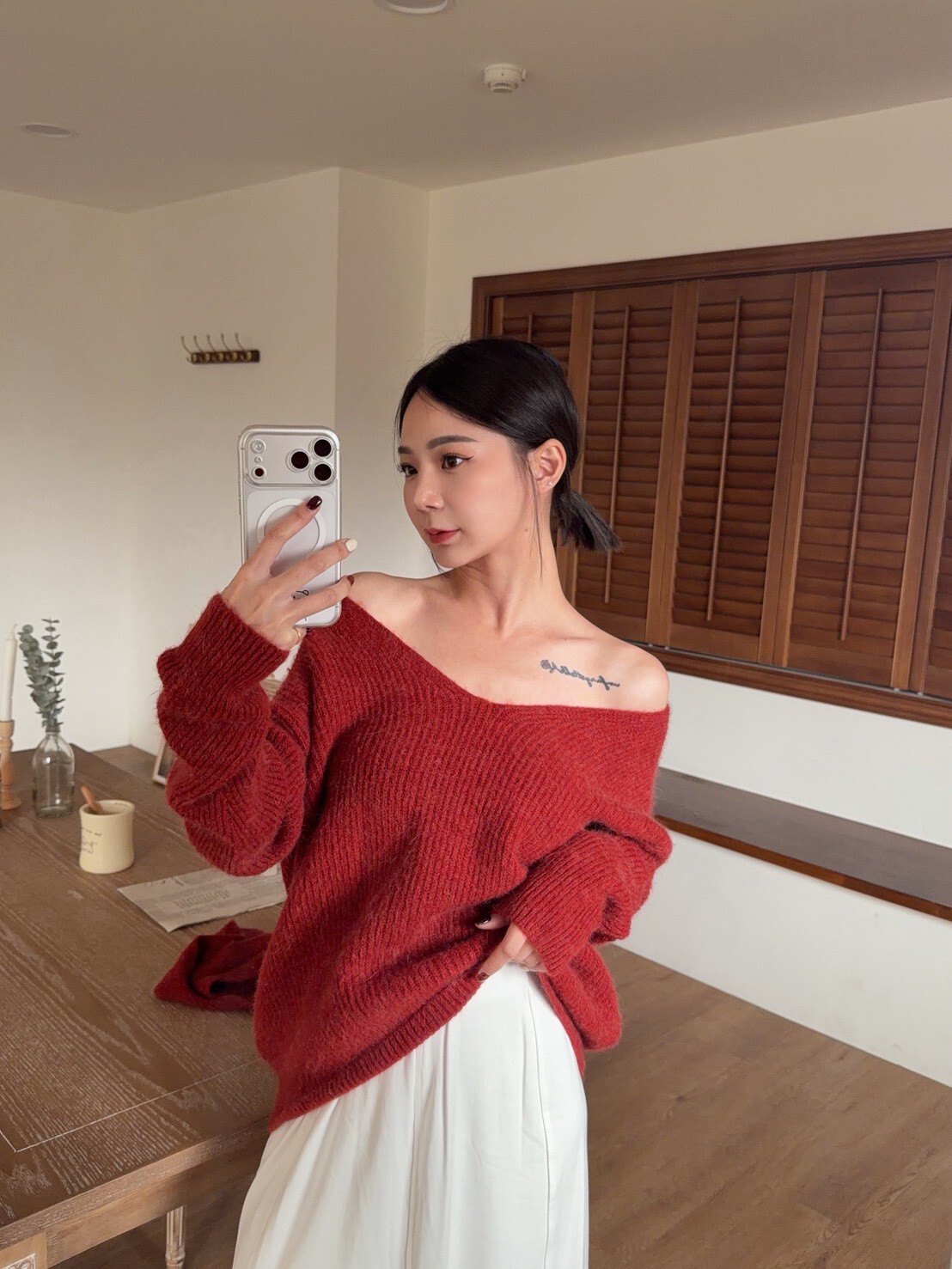 V領坑條慵懶毛衣(附綁帶)