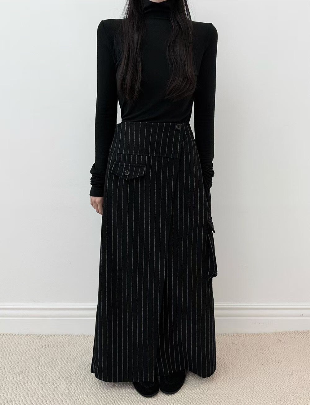 單口袋直紋毛料長裙