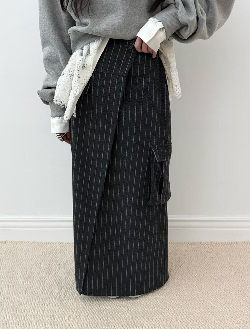 單口袋直紋毛料長裙