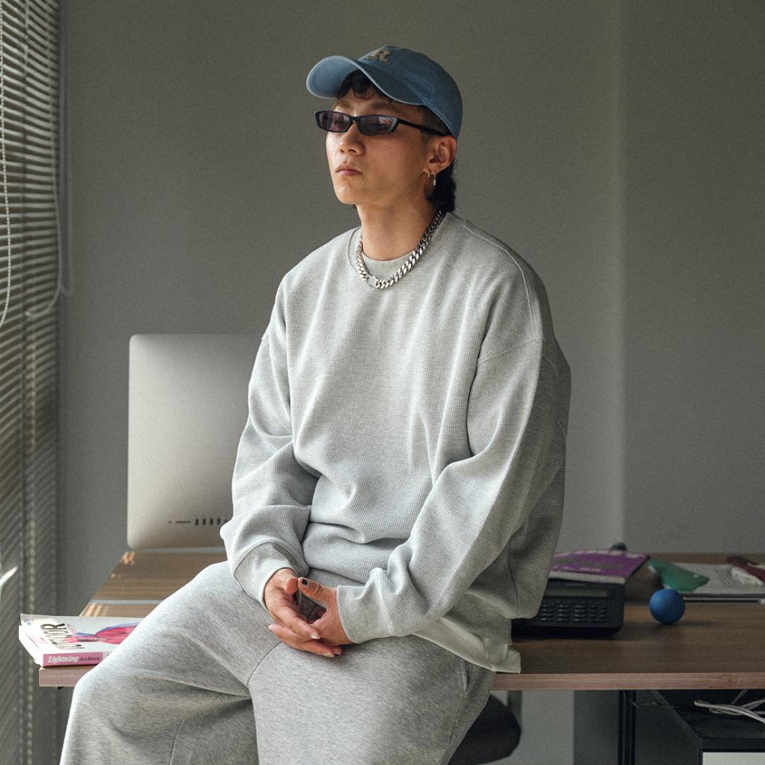 厚實感寬鬆華夫格圓領上衣