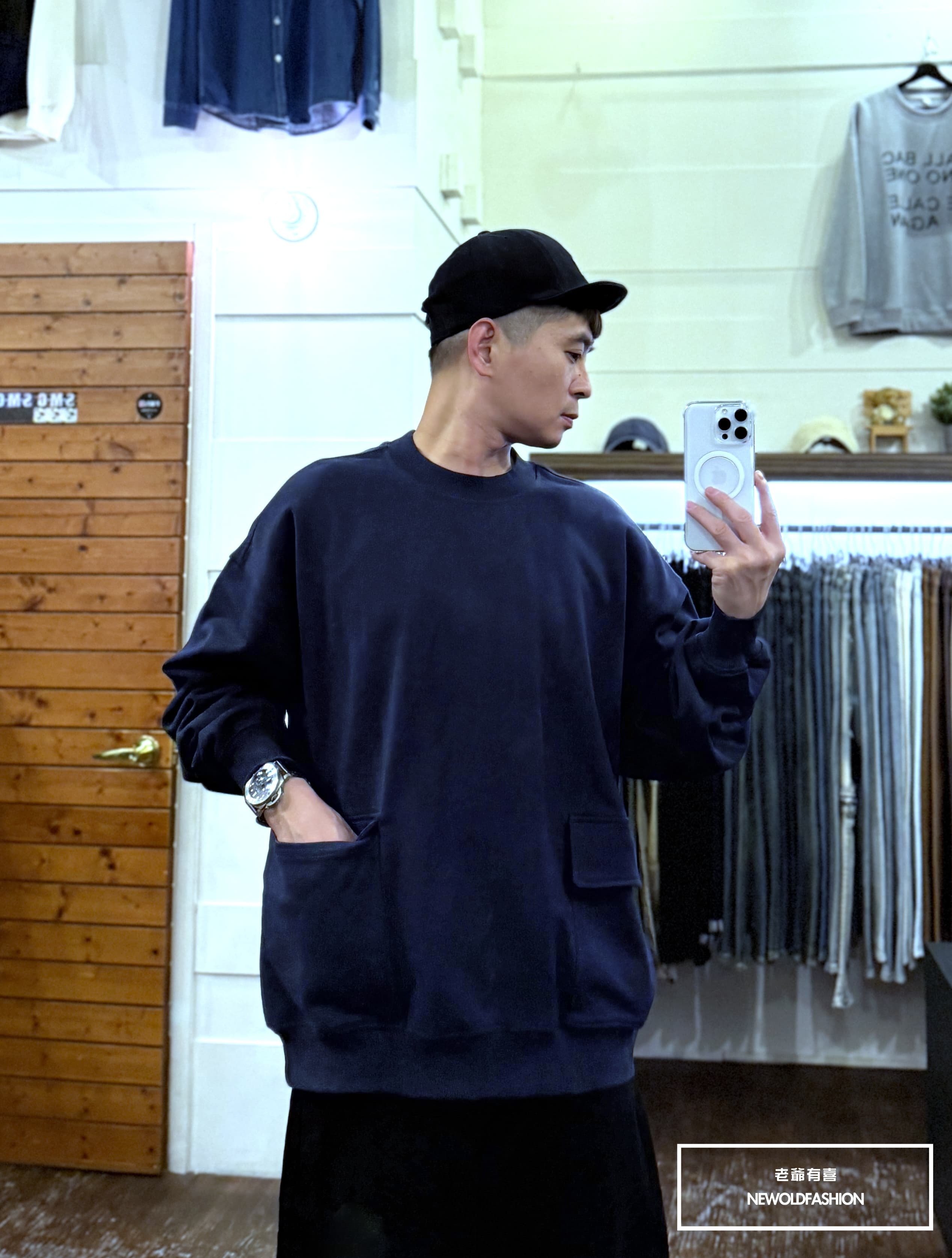 『新品上市』重磅雙側大口袋拼接大學T(NOF2510D901)-深藍