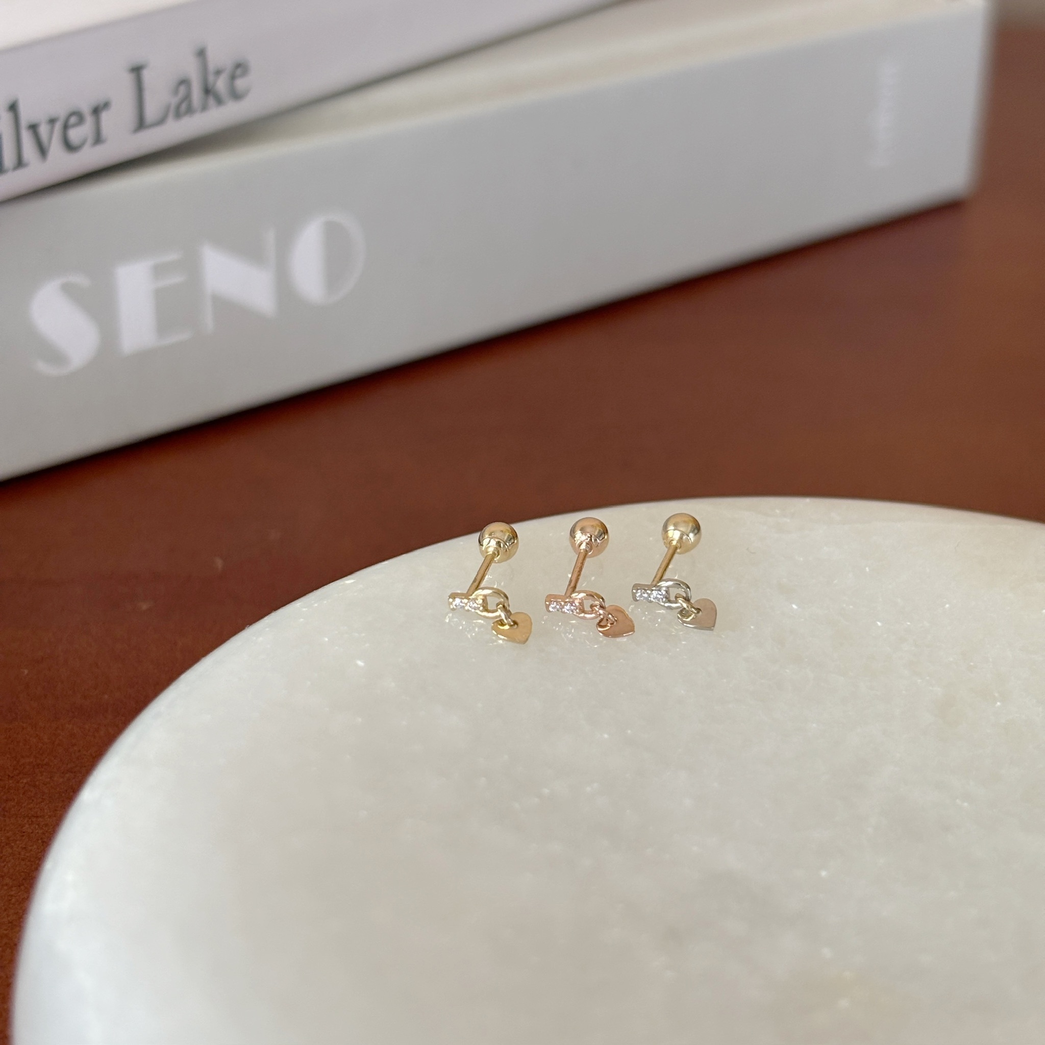 14K Link鋯石愛心片片轉珠耳環