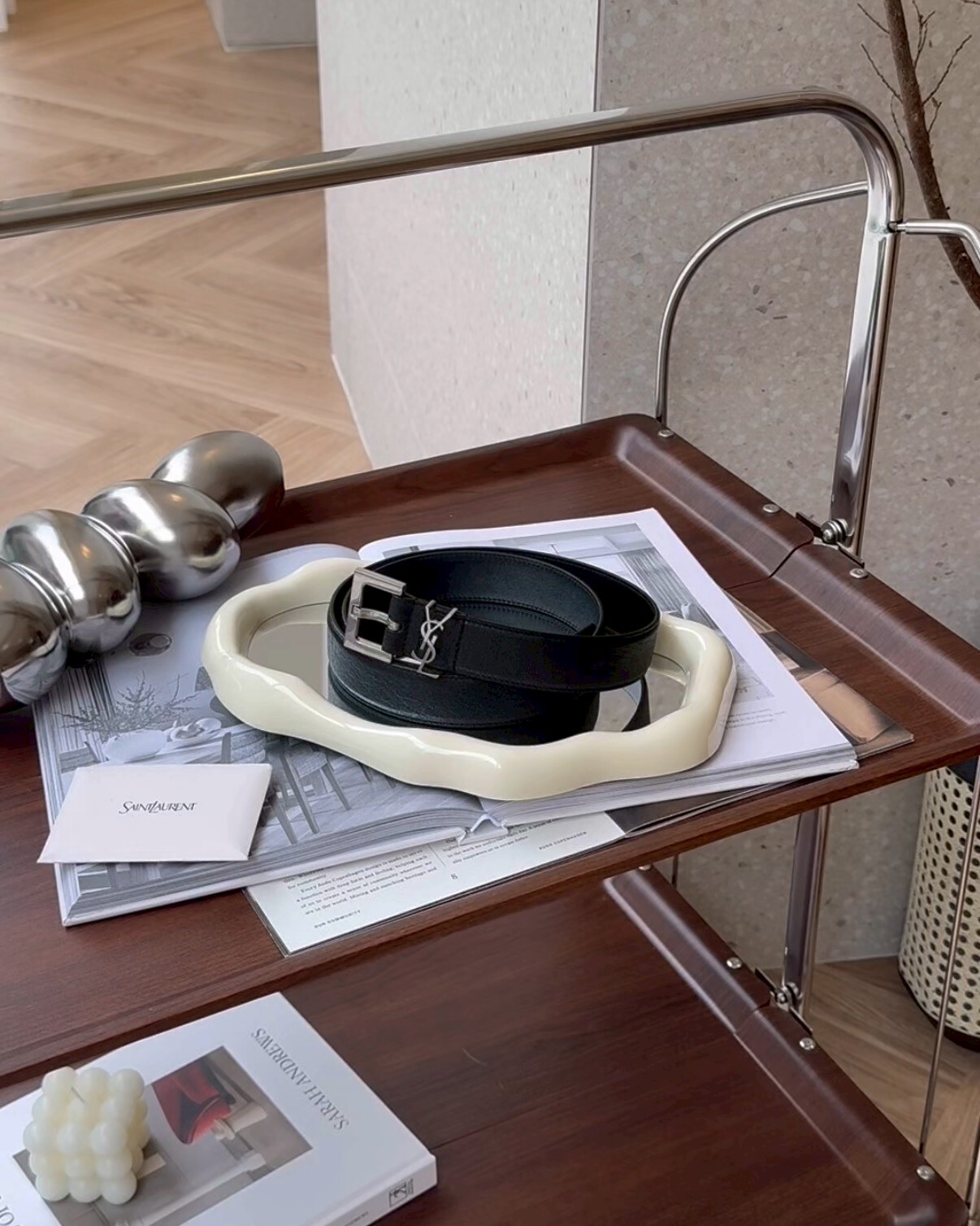 YSL｜MONOGRAM 皮帶  黑銀