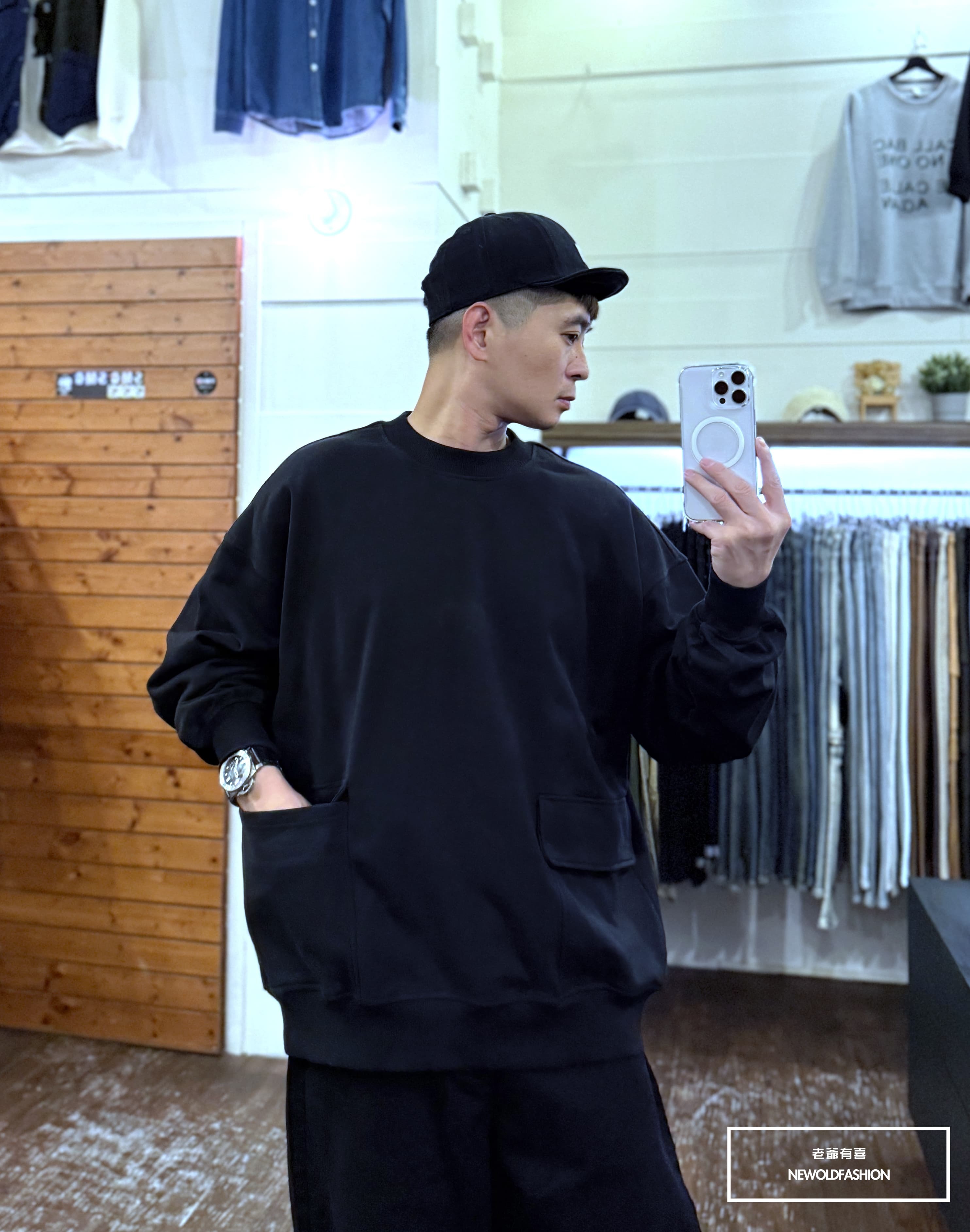 『新品上市』重磅雙側大口袋拼接大學T(NOF2510D901)-黑