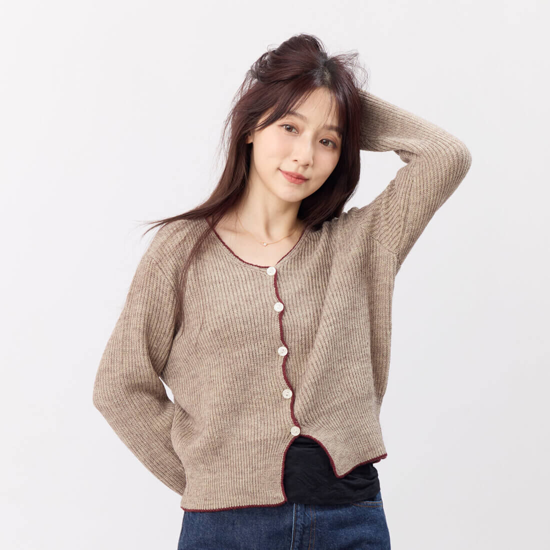 Cathy手勾邊圓領針織開襟衫外套/摩卡棕