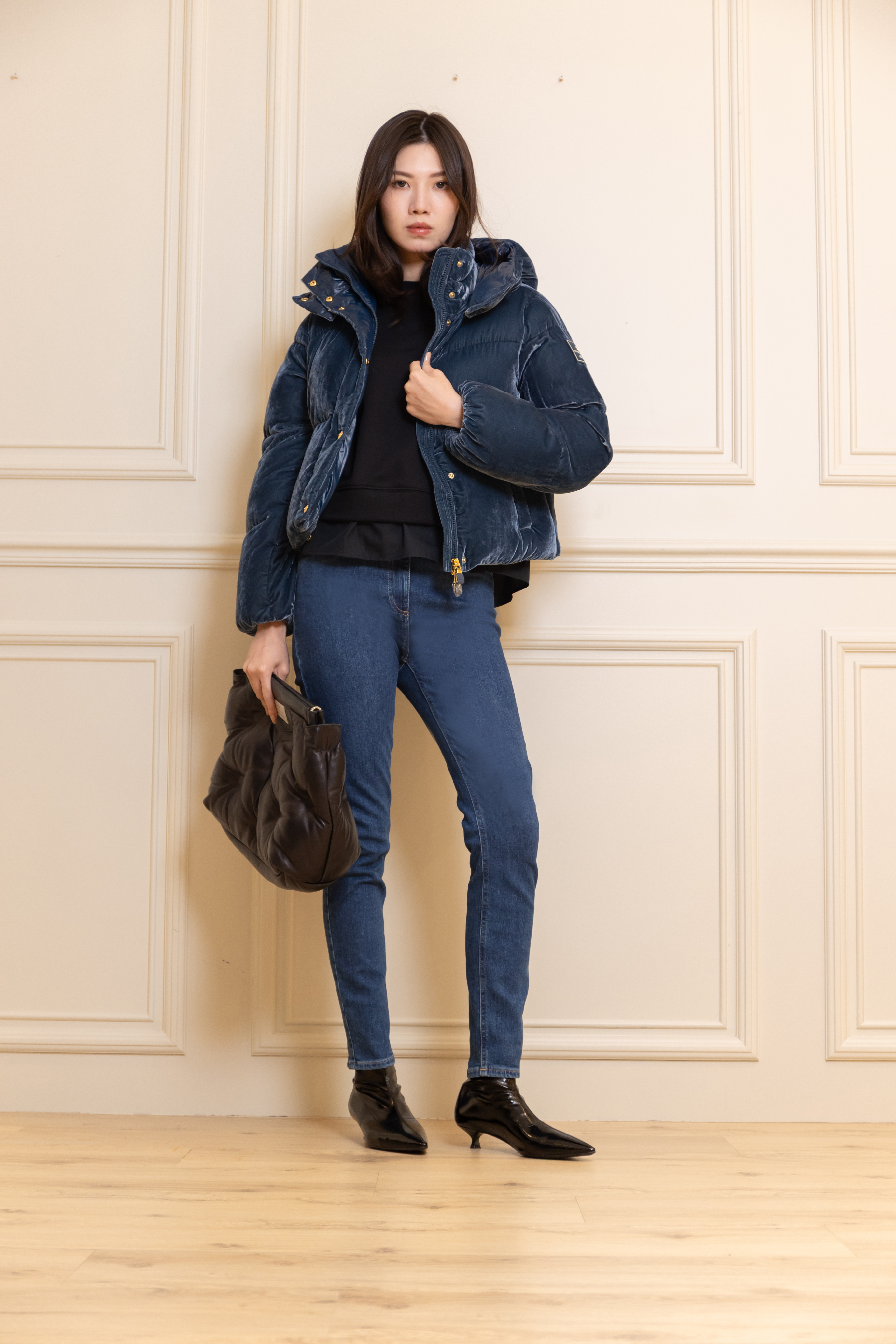 Elisabetta Franchi 絲絨連帽鋪棉外套(藍)