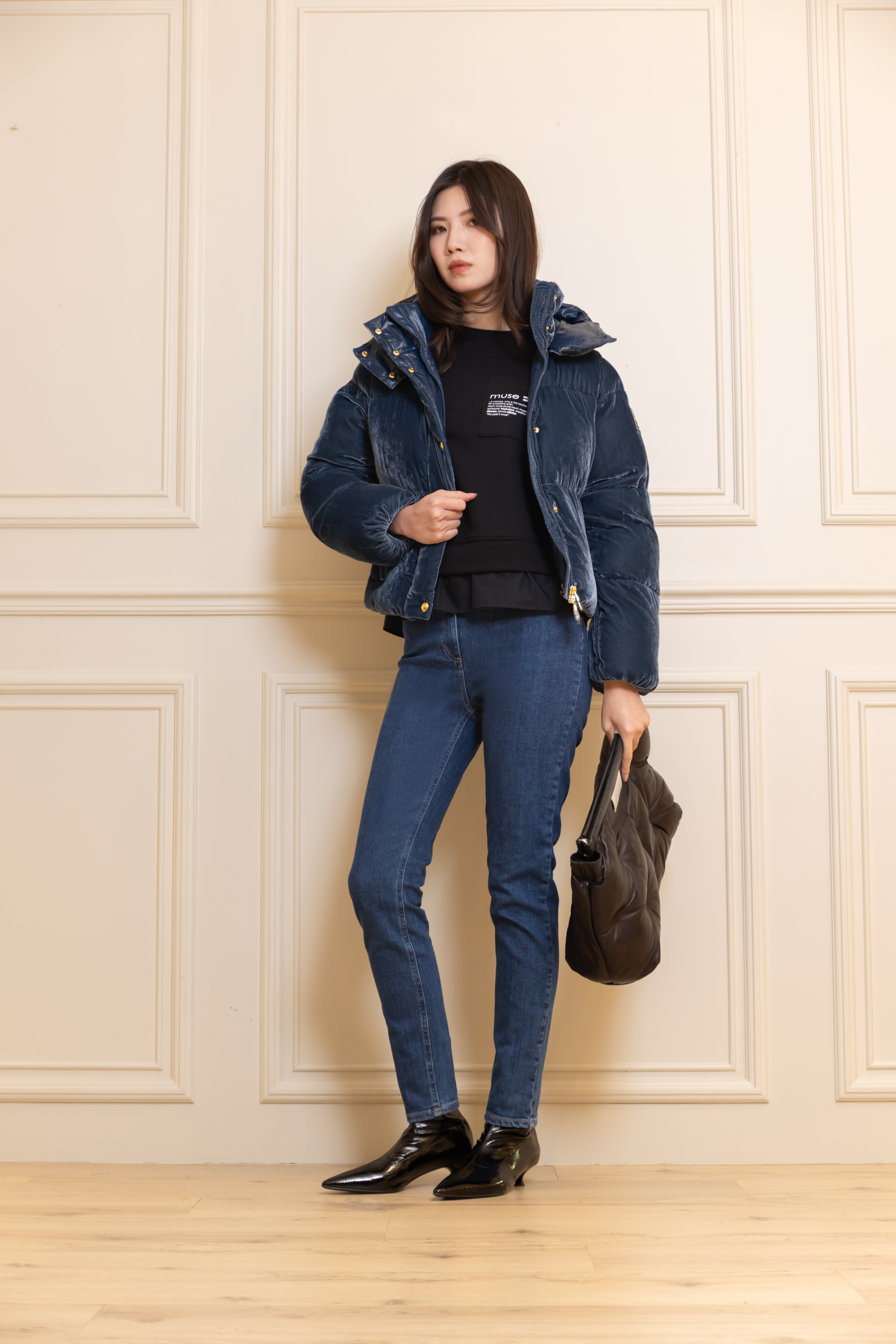 Elisabetta Franchi 絲絨連帽鋪棉外套(藍)