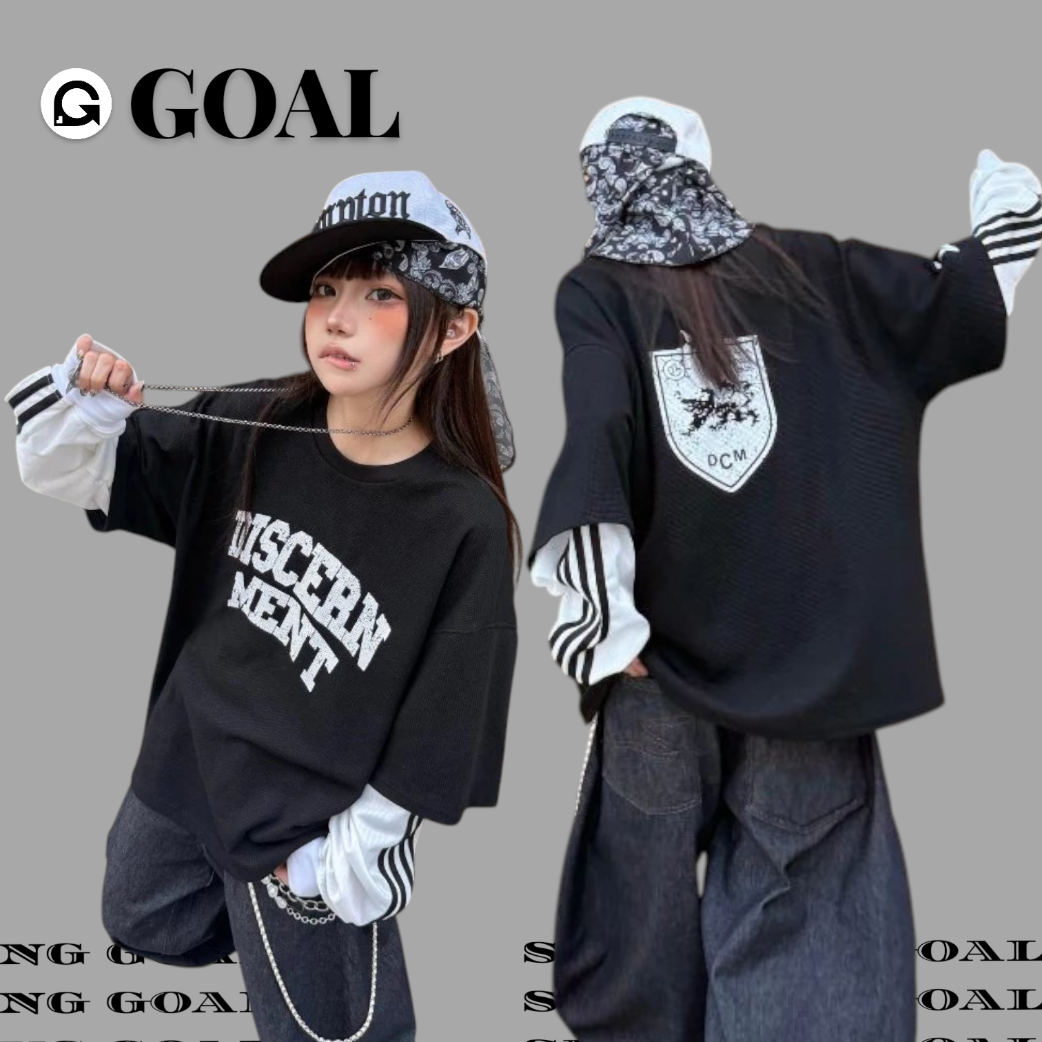 (GOAL)DCM 線條 假兩件 斑駁 美式 拼接 長袖