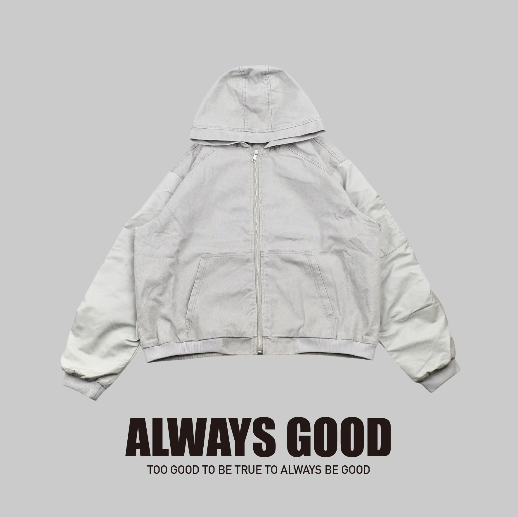 『Always_Good』異材質 拼接 皺褶袖 連帽 外套