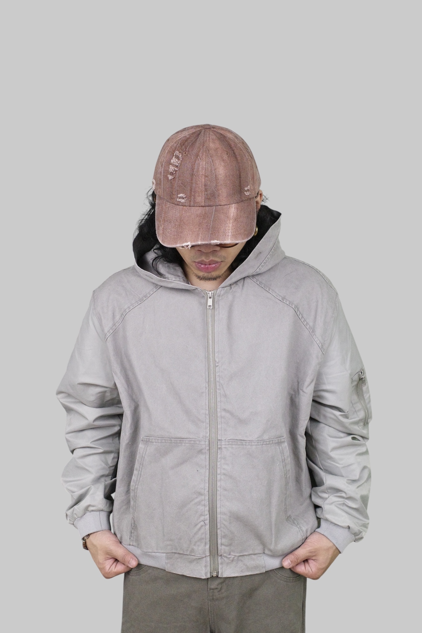 『Always_Good』異材質 拼接 皺褶袖 連帽 外套