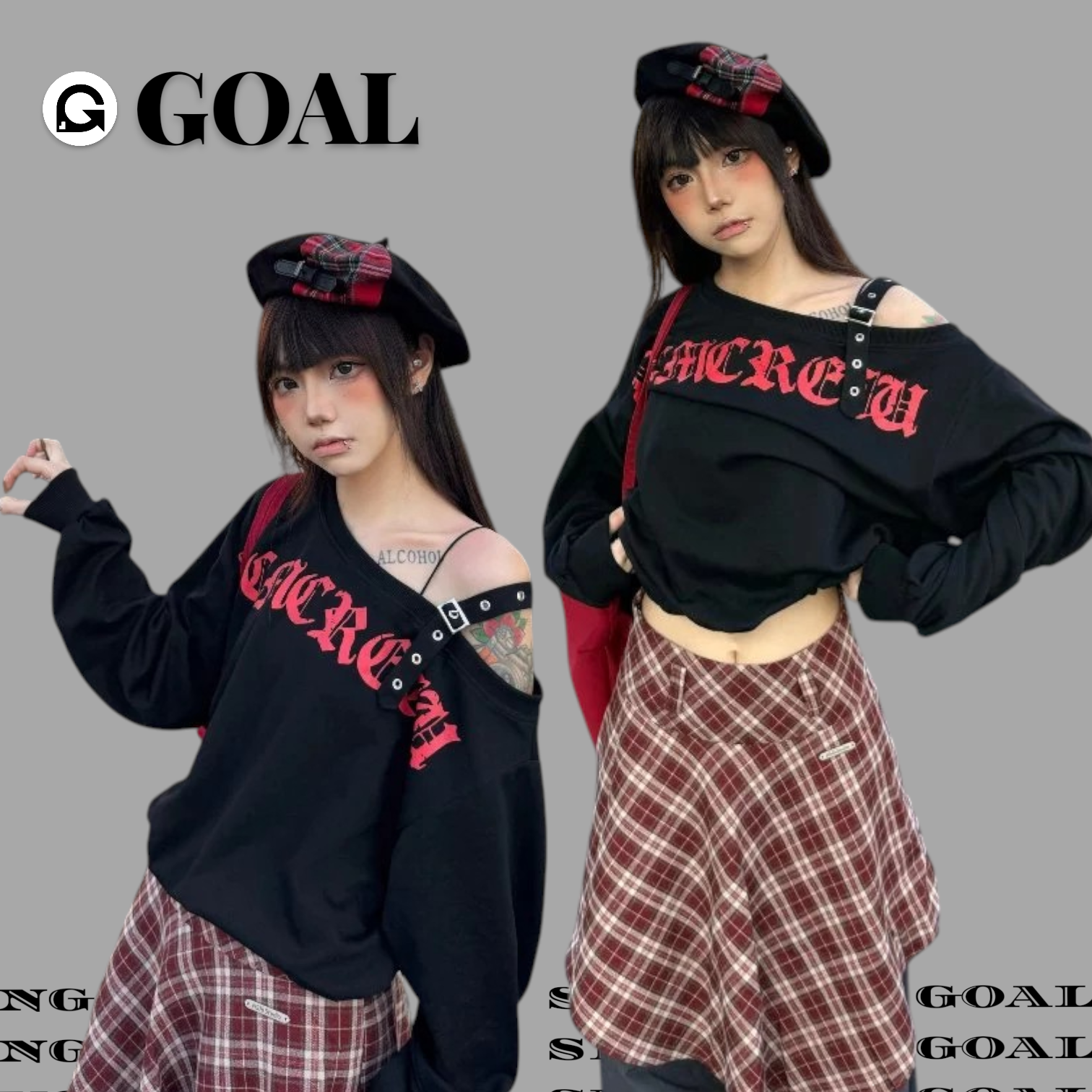 (GOAL) DCM 復古 印花 斜肩 平口 紅色 歌德字體 扣環