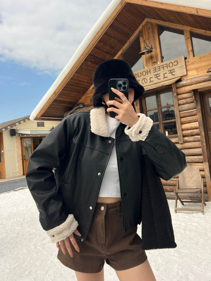 QQ毛拼接皮外套*2色