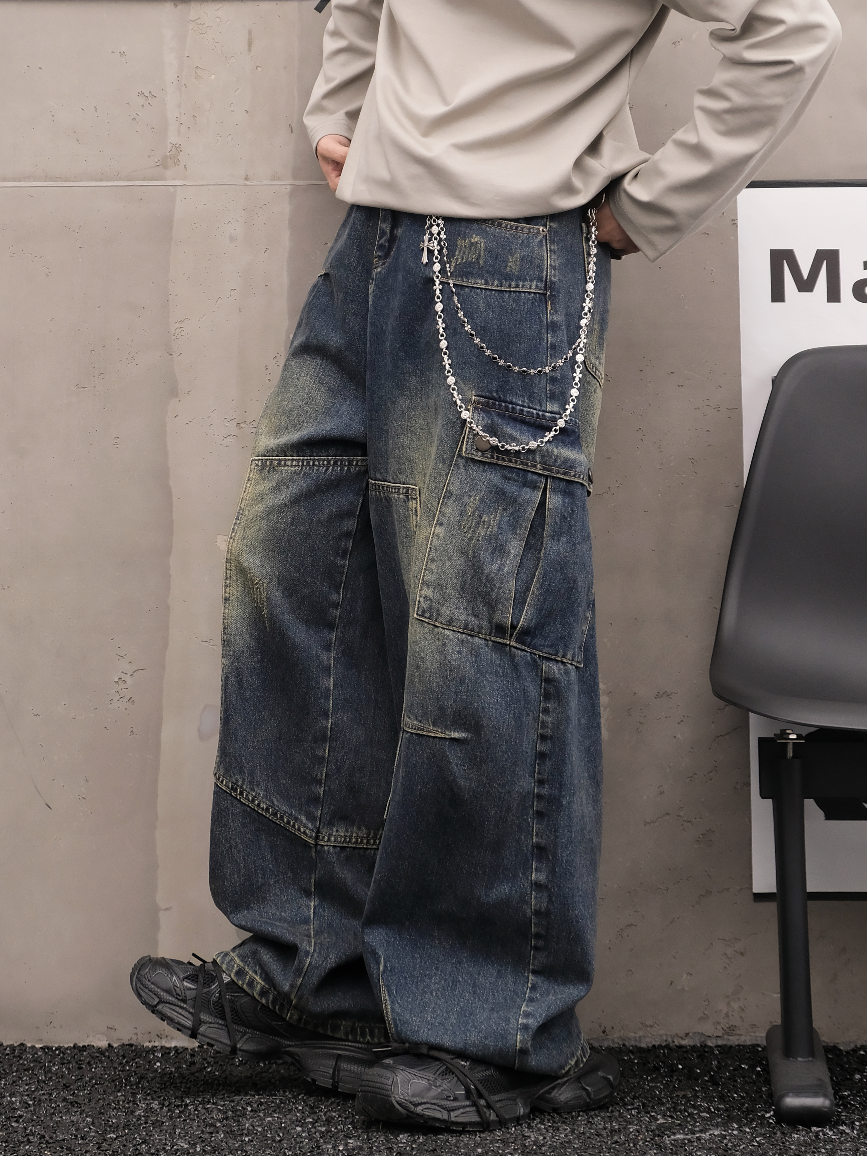 XCTRL 刷黃復古寬版牛仔褲