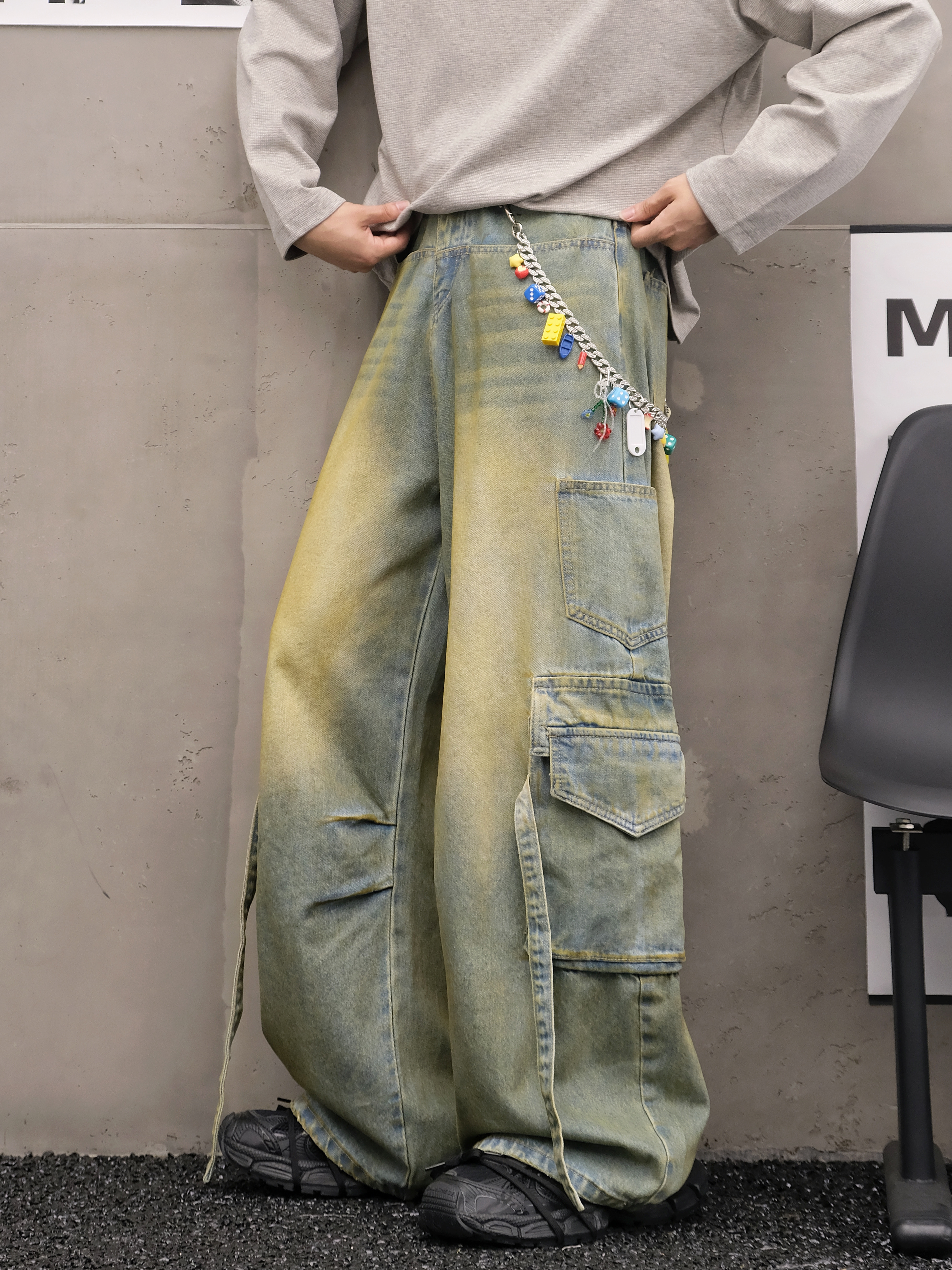 XCTRL 泥染多口袋寬版牛仔褲