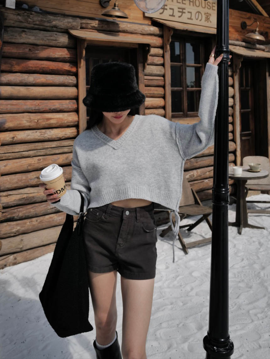 V領短版側綁帶針織毛衣*4色