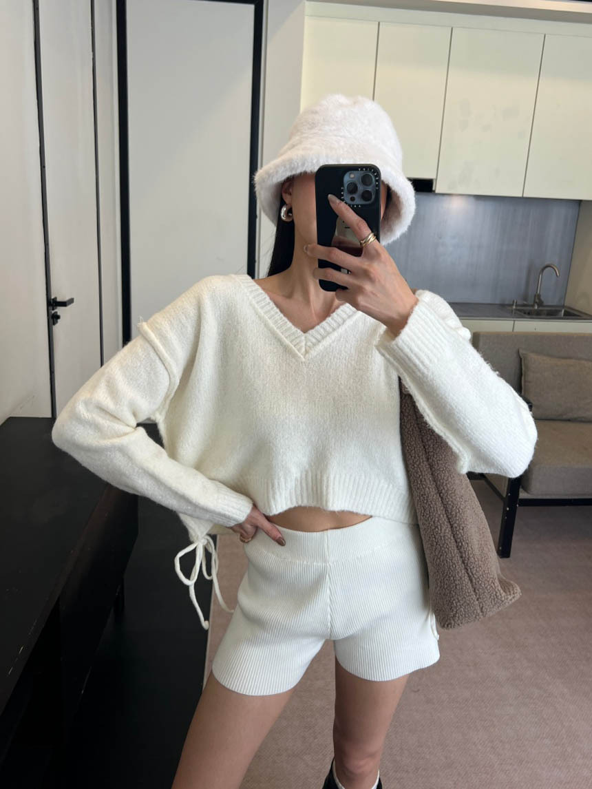 V領短版側綁帶針織毛衣*4色