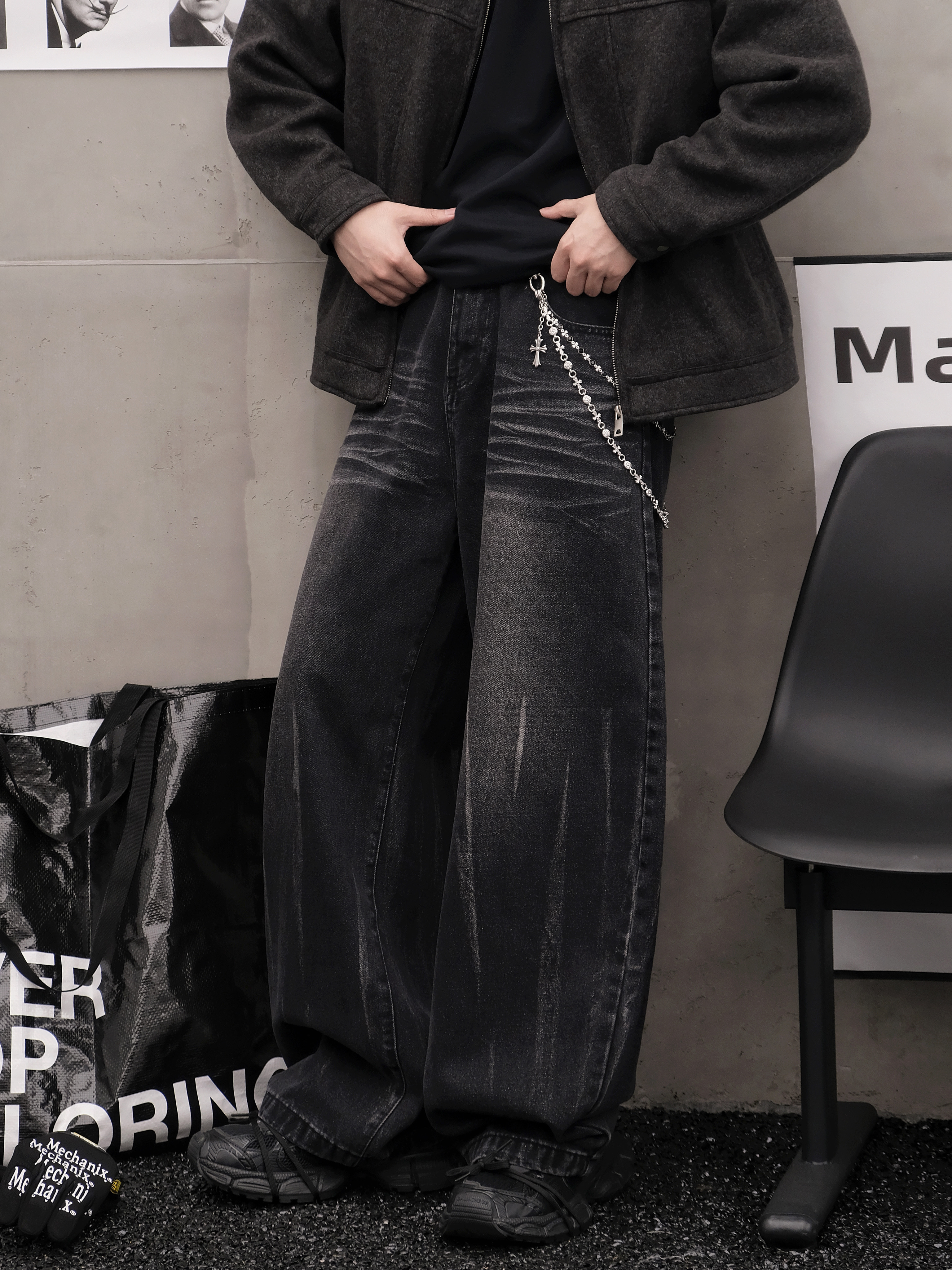 XCTRL 貓爪刷紋寬版牛仔褲