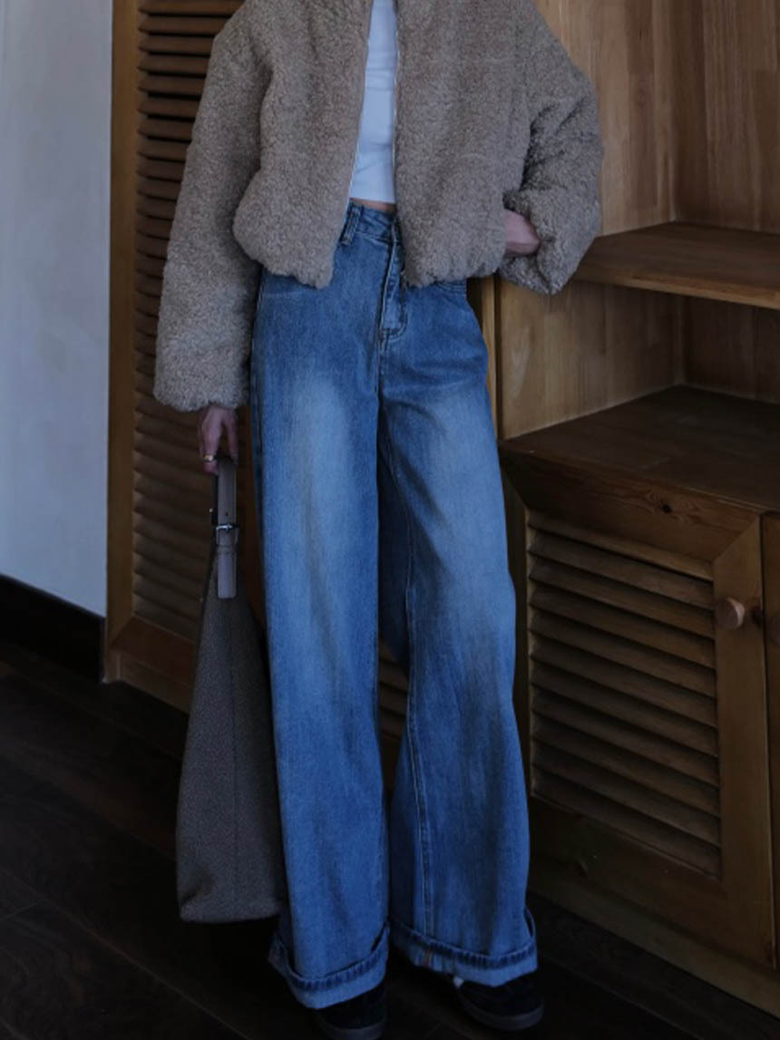 白冰藍褲管反摺寬褲